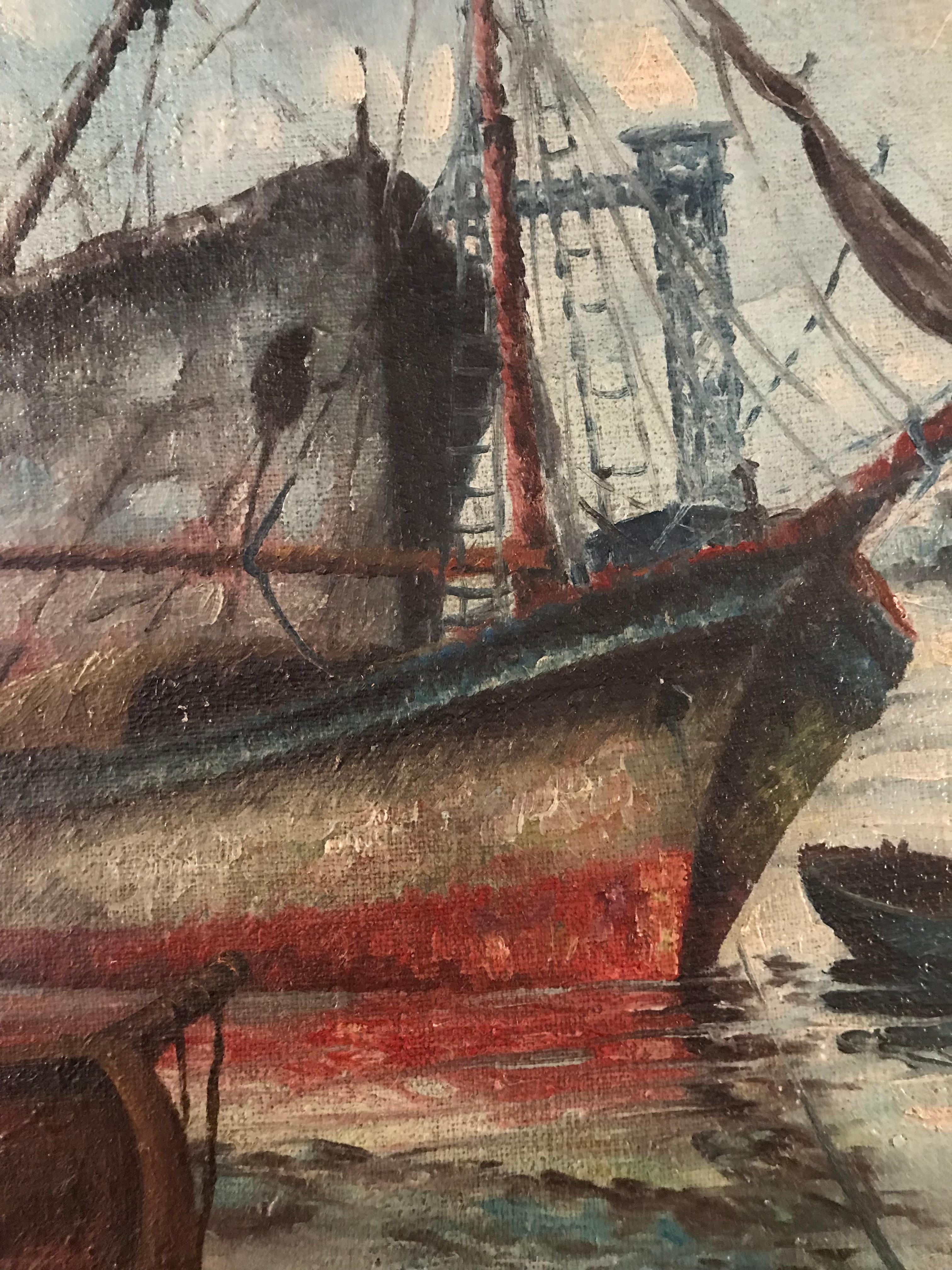 Signed 19th or Early 20th Century Oil Painting Boats Docked at the Port 7