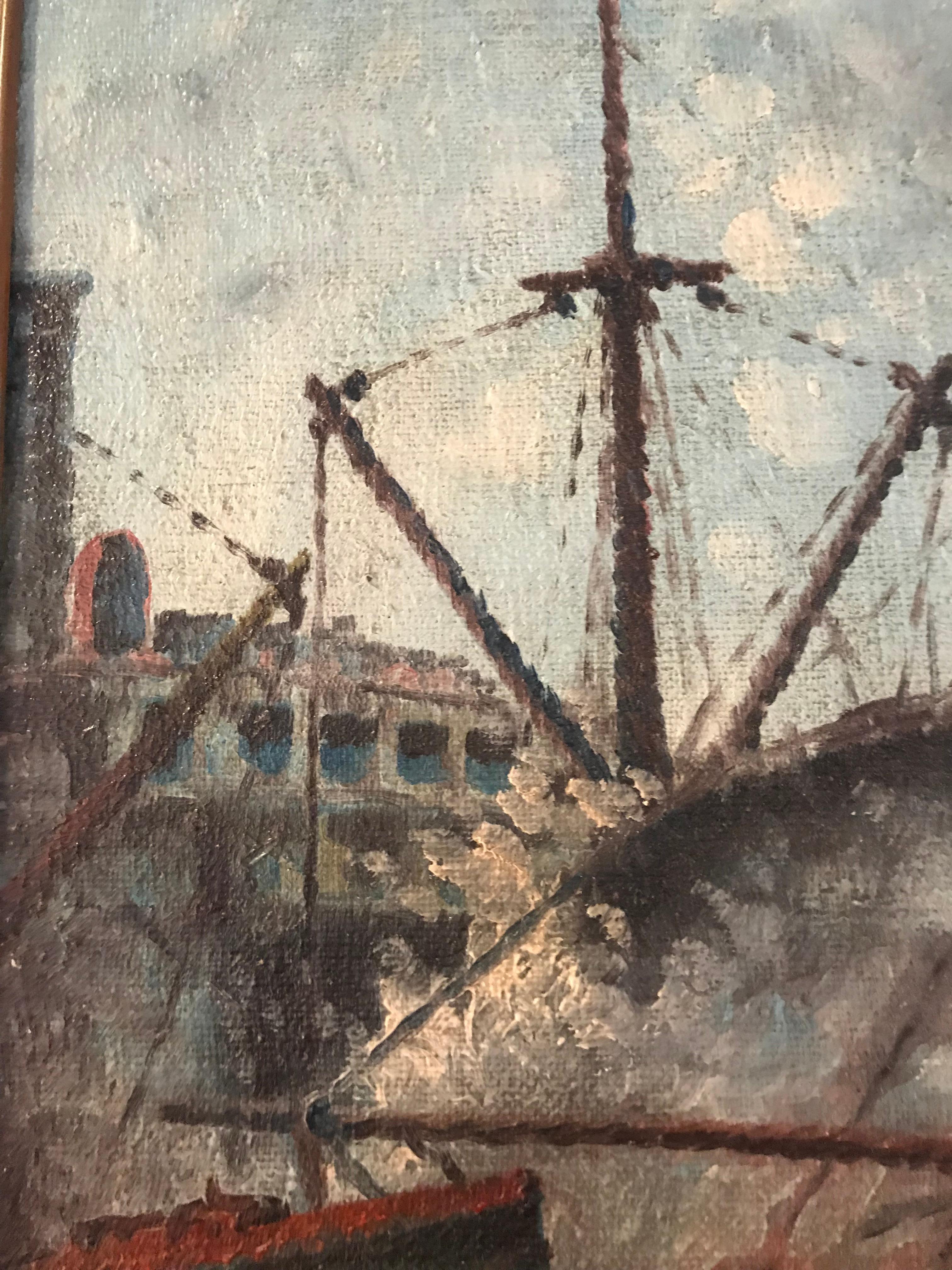 Signed 19th or Early 20th Century Oil Painting Boats Docked at the Port 8