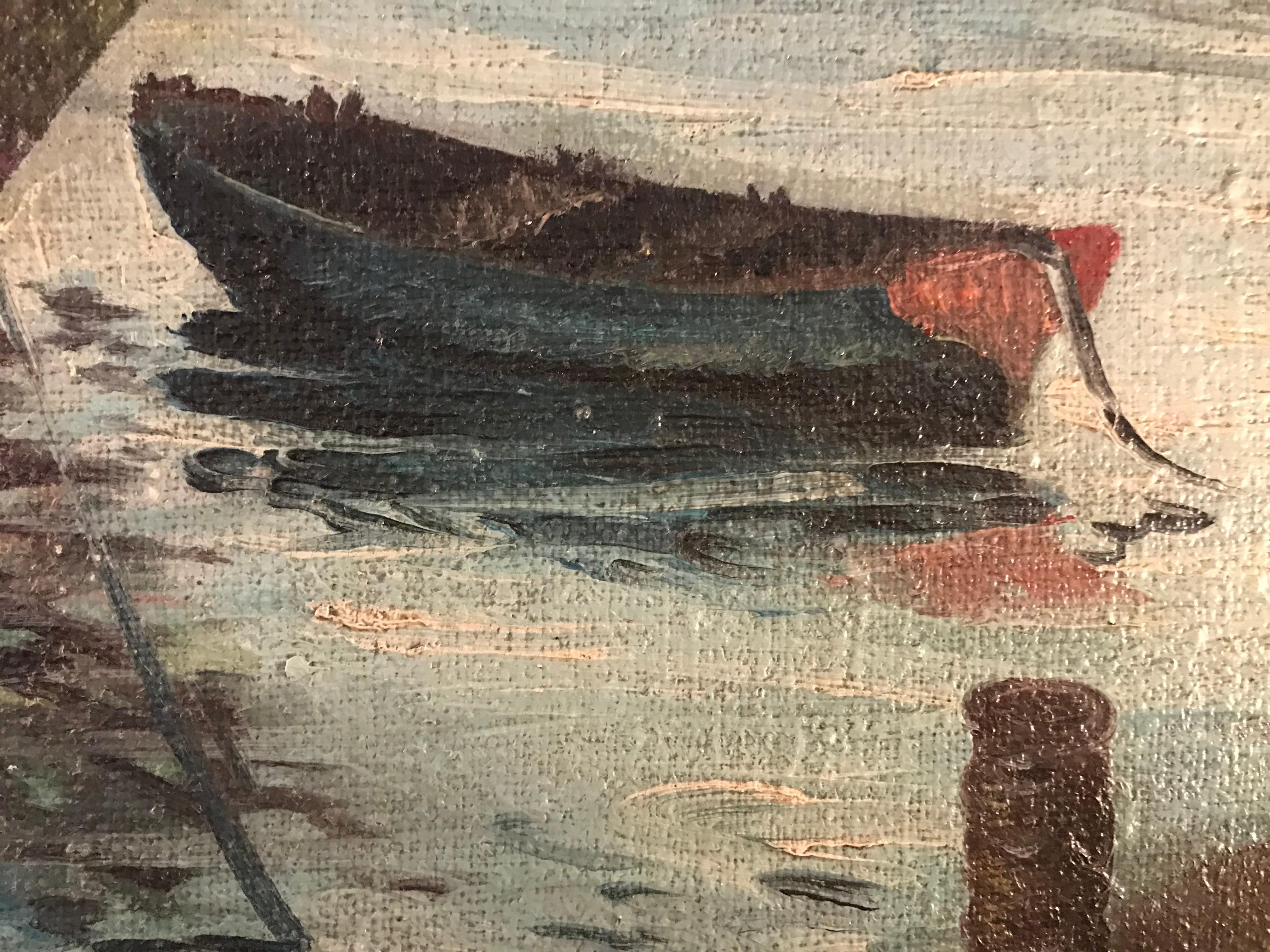 Signed 19th or Early 20th Century Oil Painting Boats Docked at the Port 11