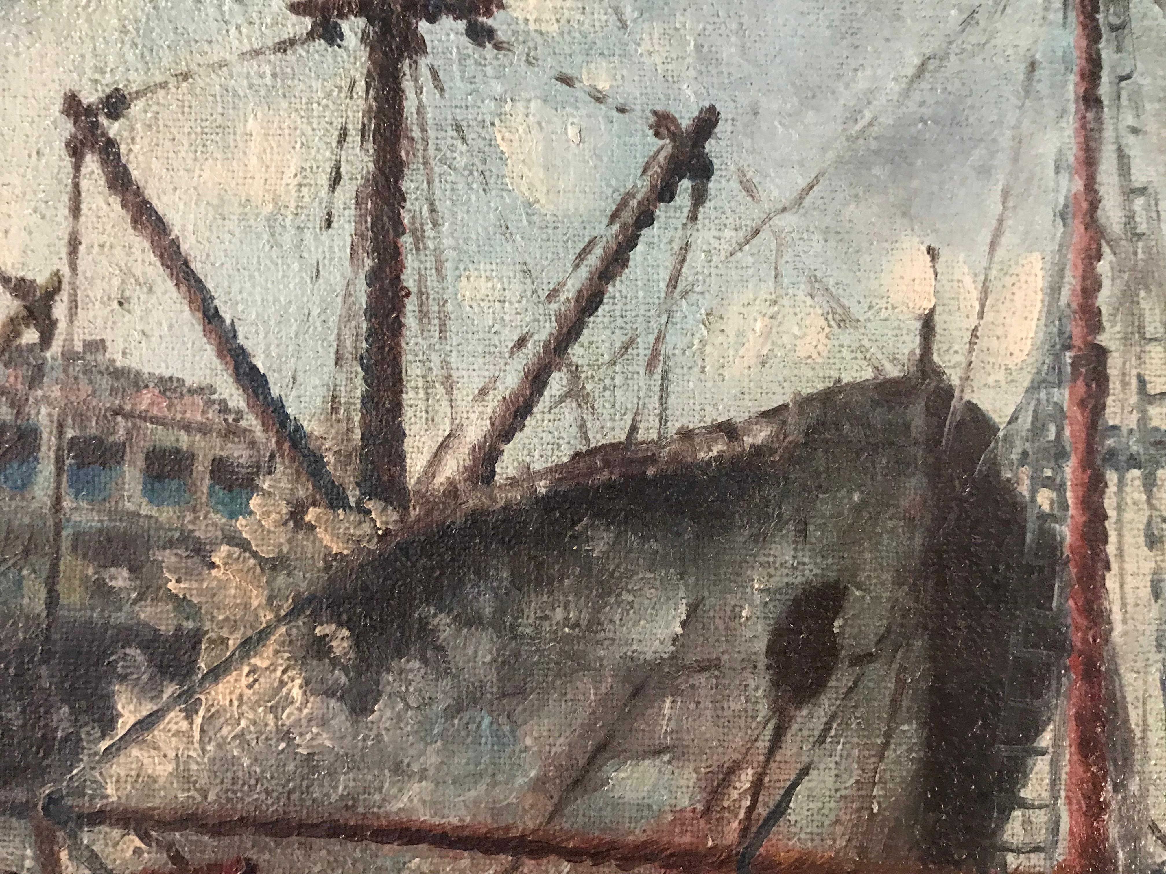Signed 19th or Early 20th Century Oil Painting Boats Docked at the Port 2