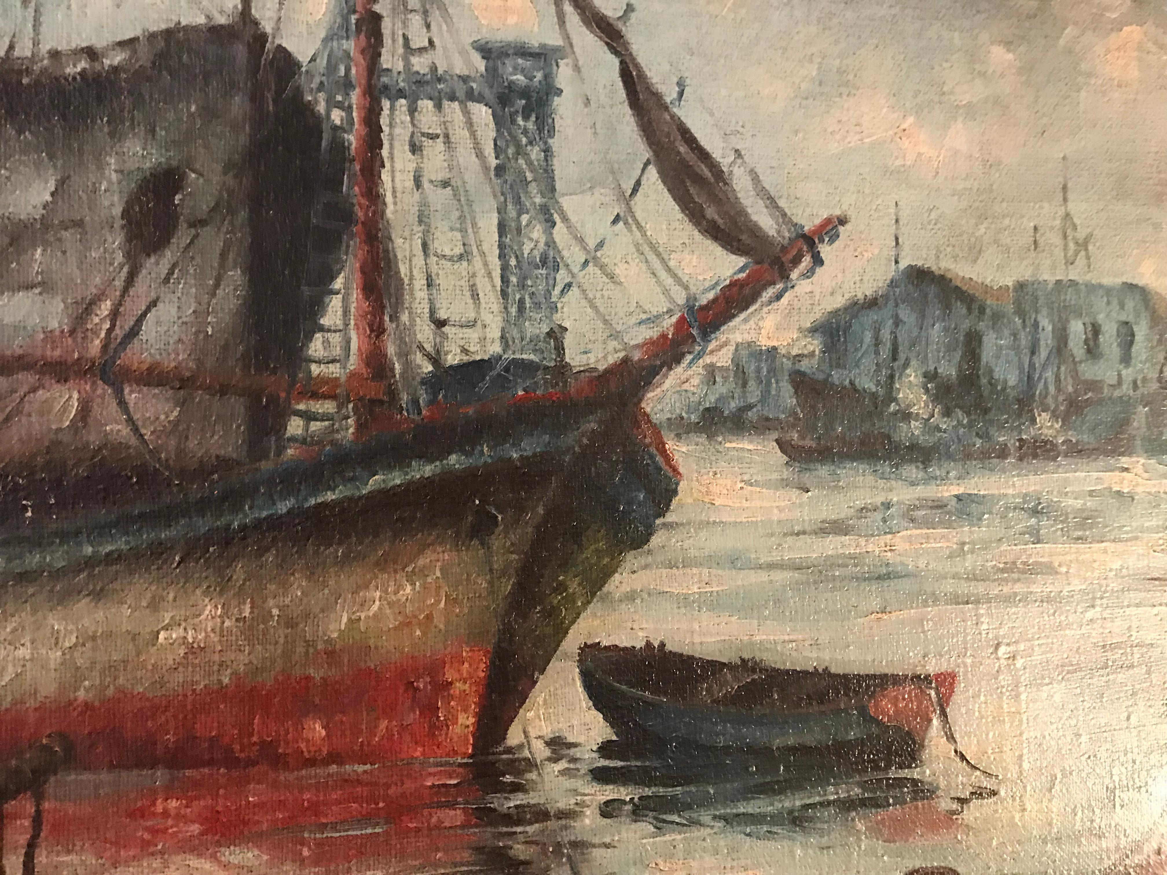 Signed 19th or Early 20th Century Oil Painting Boats Docked at the Port 3