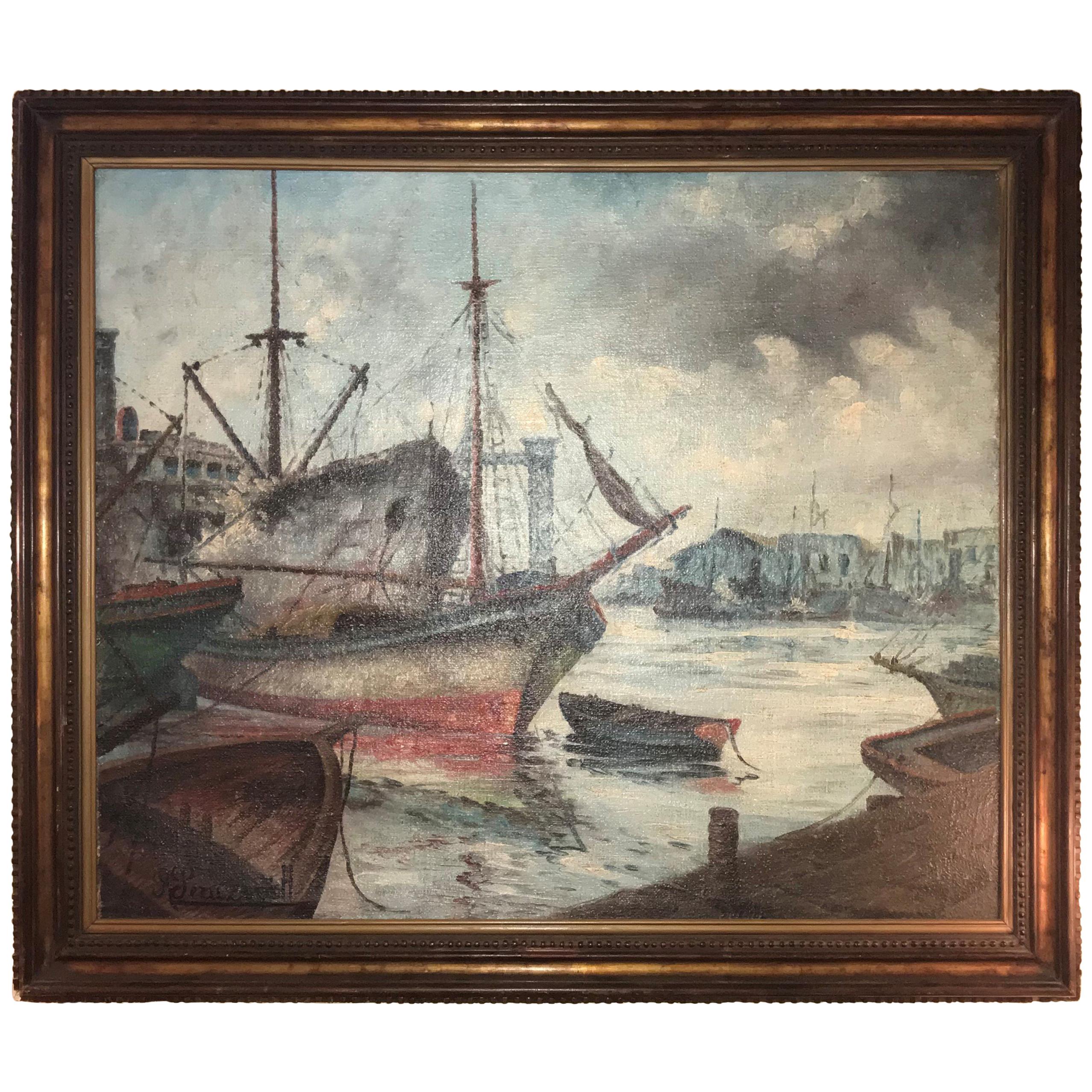 Signed 19th or Early 20th Century Oil Painting Boats Docked at the Port