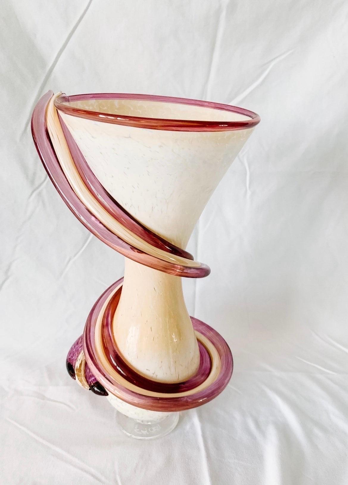 Beautiful murano style art glass vase. Signed Chog 2012. No flaws. White, cream and purple make up this beautiful piece for you art glass collection.