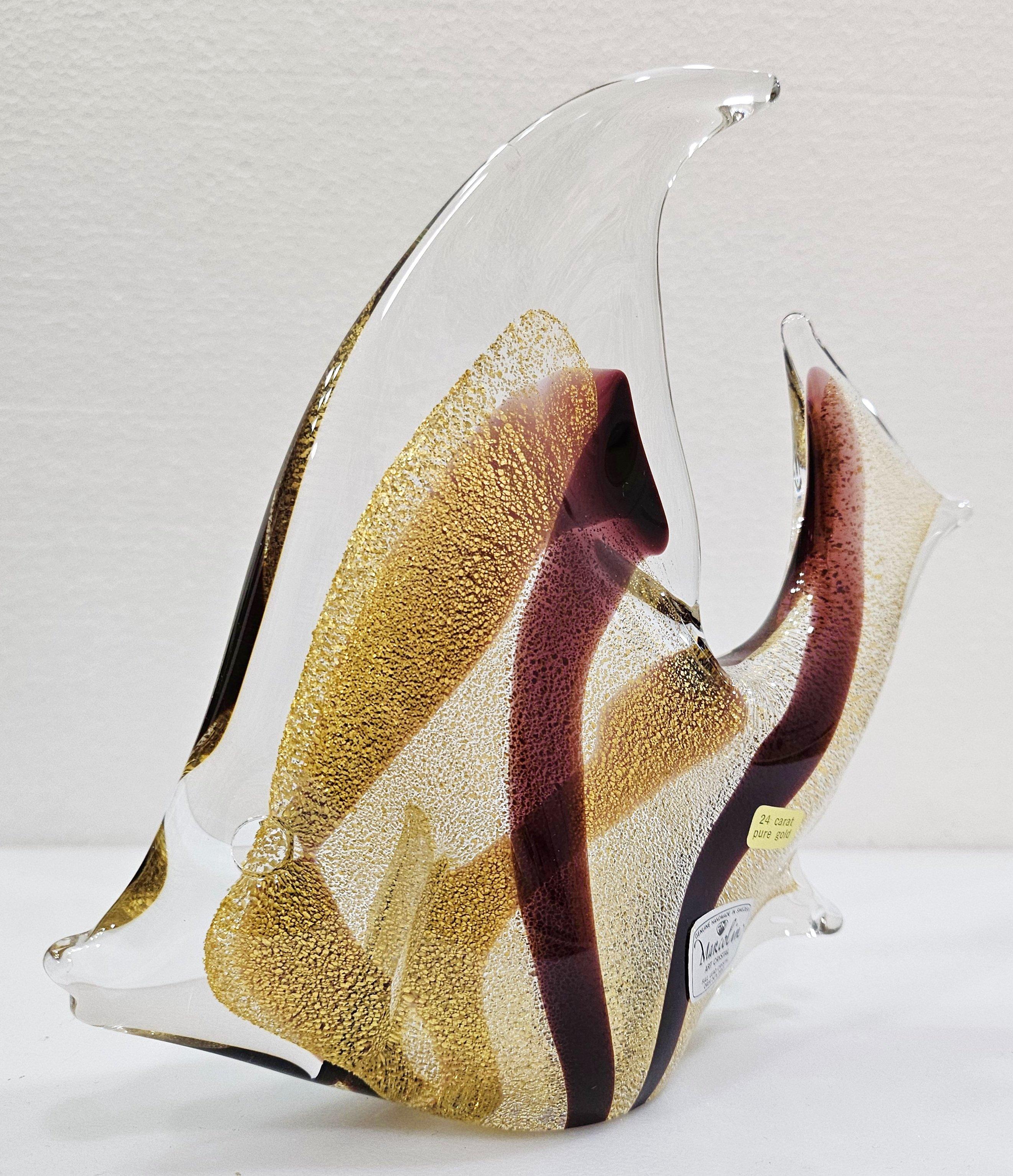 Mid-Century Modern Signed, 24k gold infused, Glass Fish Sculpture by Josef Marcolin, original label For Sale