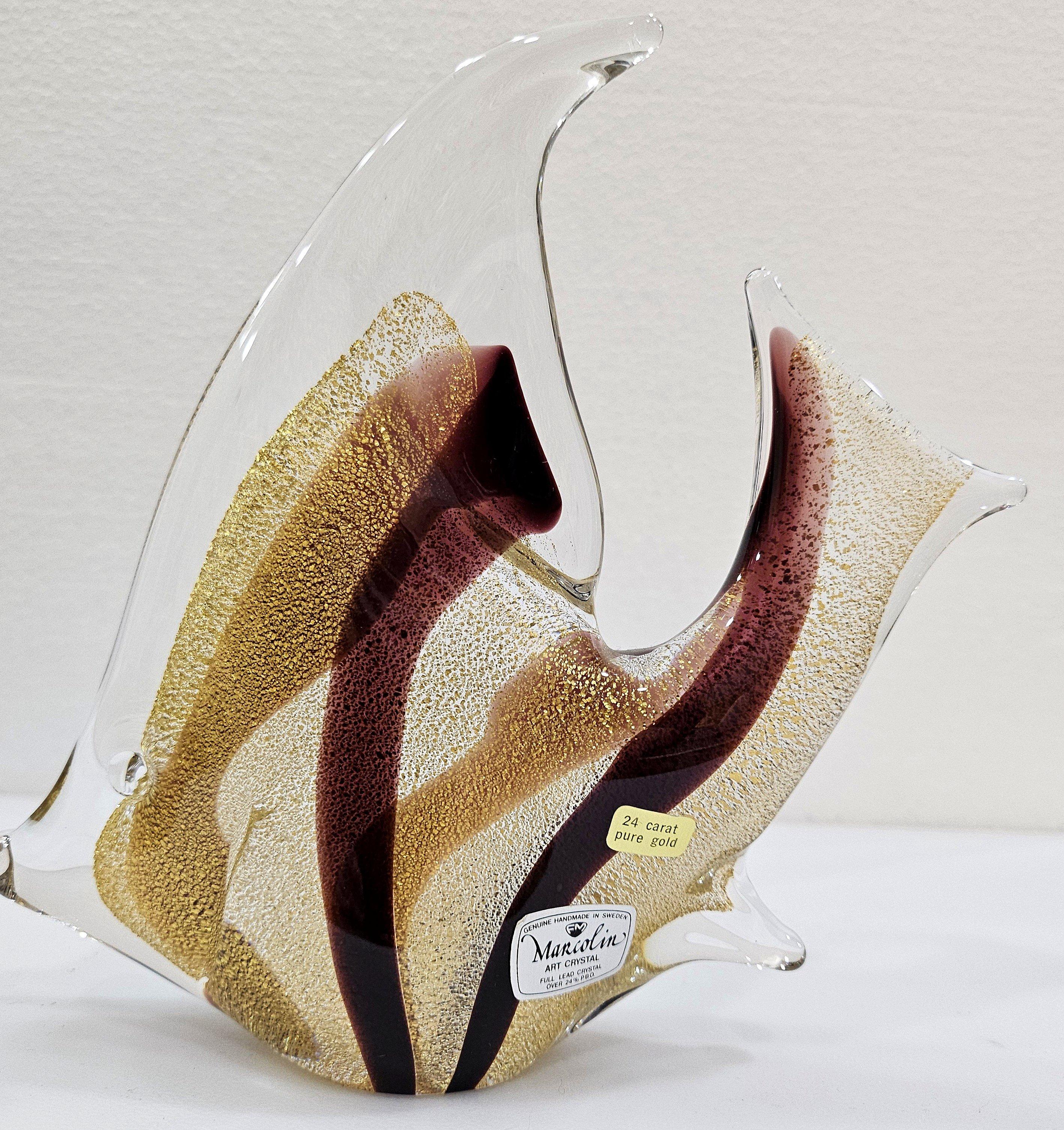 Swedish Signed, 24k gold infused, Glass Fish Sculpture by Josef Marcolin. For Sale