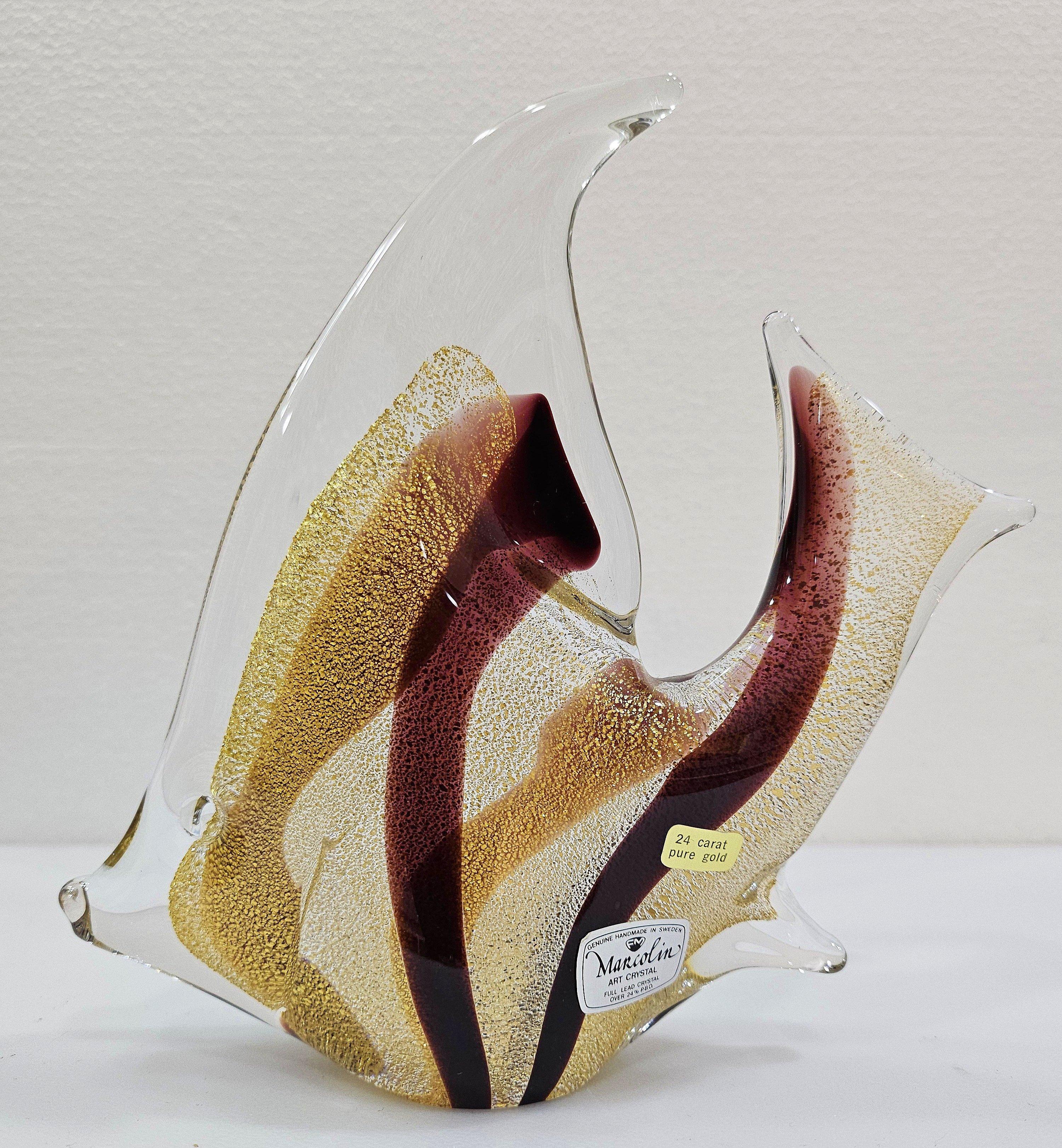 Swedish Signed, 24k gold infused, Glass Fish Sculpture by Josef Marcolin, original label For Sale