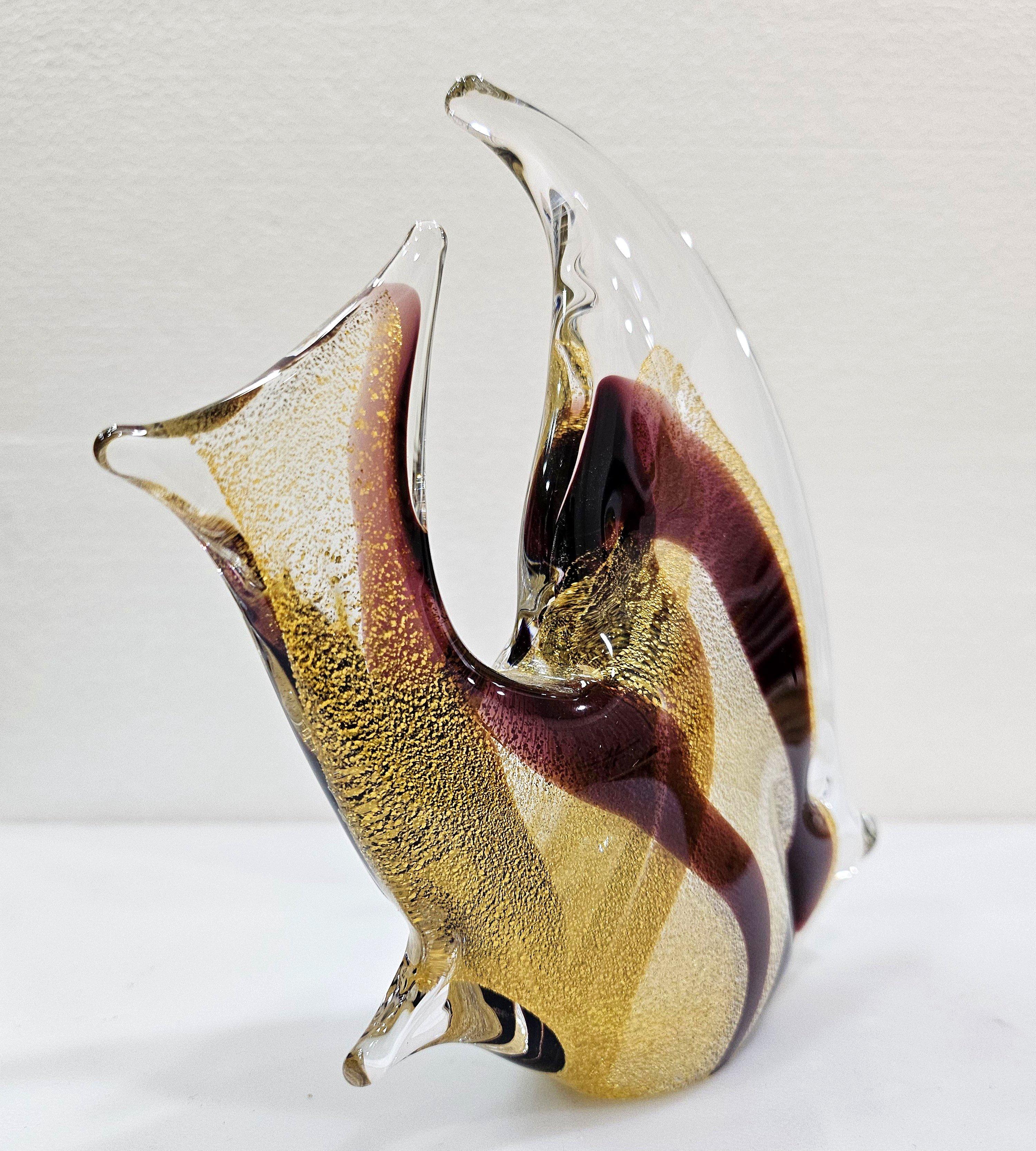 Escultura de pez de cristal con infusión de oro de 24 quilates firmada por Josef Marcolin. etiqueta original en venta 2
