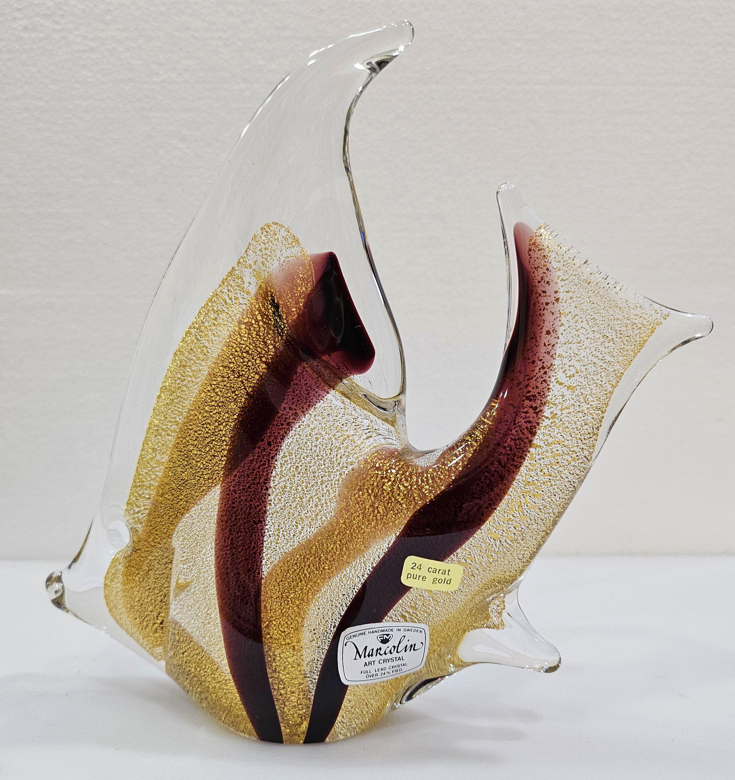 Escultura de pez de cristal con infusión de oro de 24 quilates firmada por Josef Marcolin. etiqueta original Moderno de mediados de siglo en venta