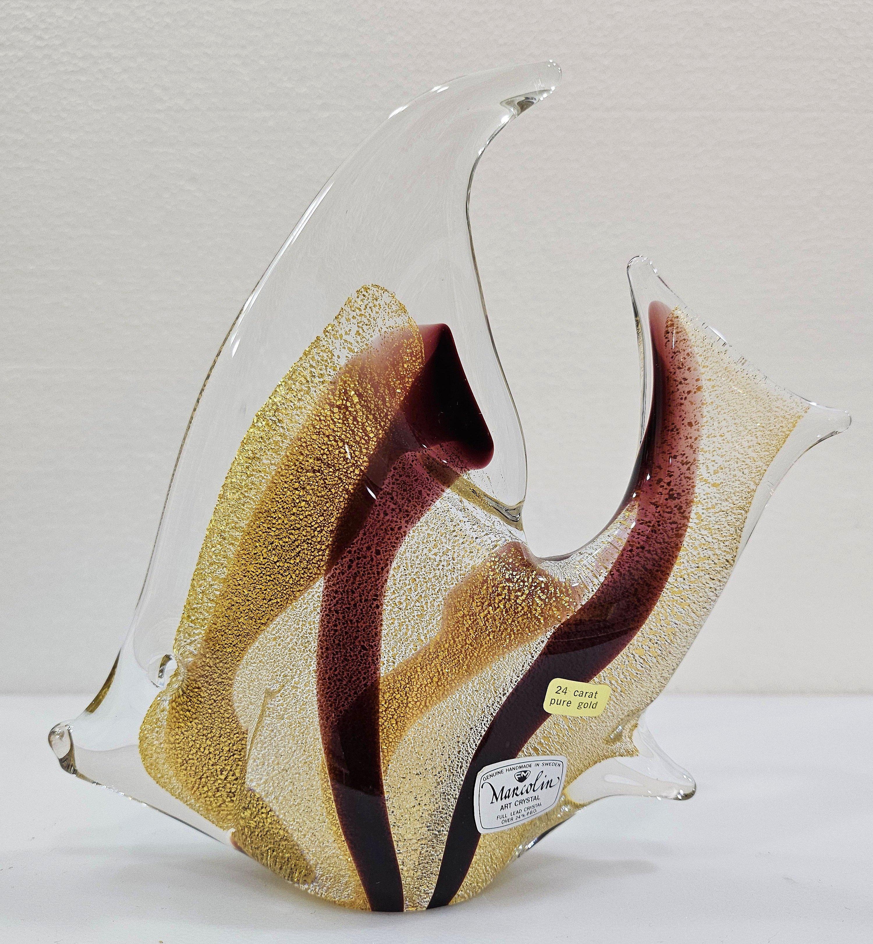 Escultura de pez de cristal con infusión de oro de 24 quilates firmada por Josef Marcolin. etiqueta original Sueco en venta