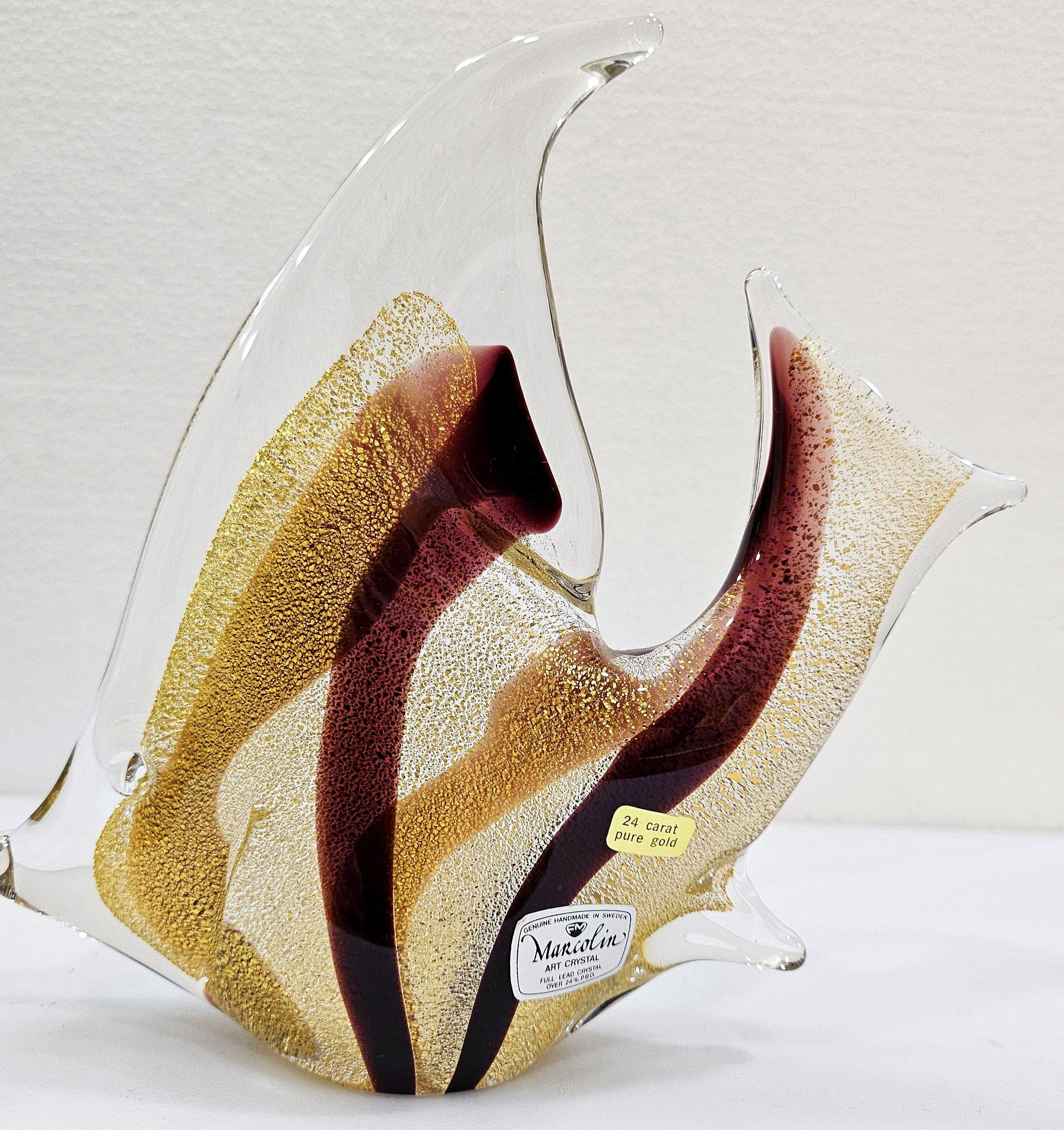 Escultura de pez de cristal con infusión de oro de 24 quilates firmada por Josef Marcolin. etiqueta original Otro en venta