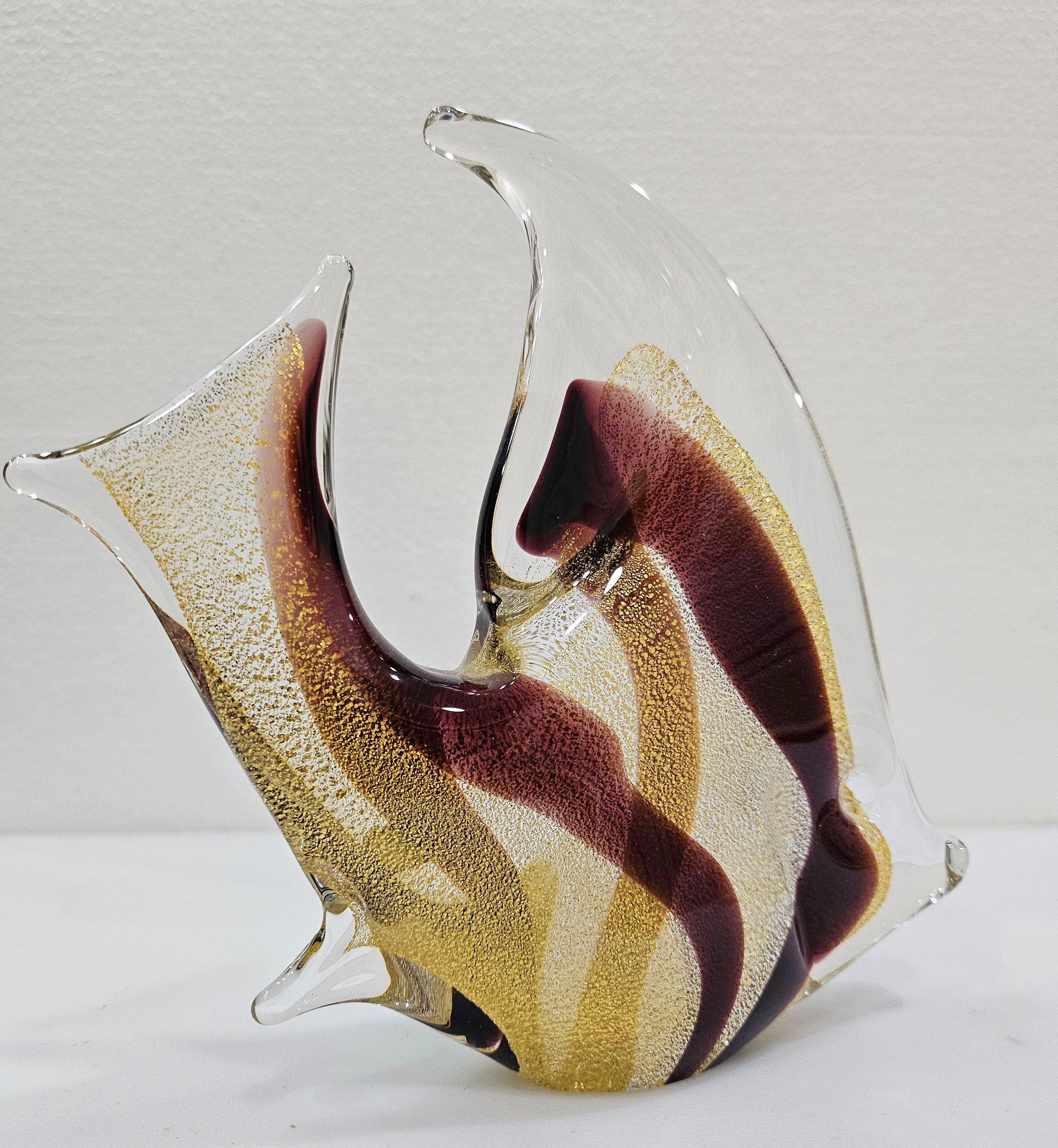 Escultura de pez de cristal con infusión de oro de 24 quilates firmada por Josef Marcolin. etiqueta original en venta 1