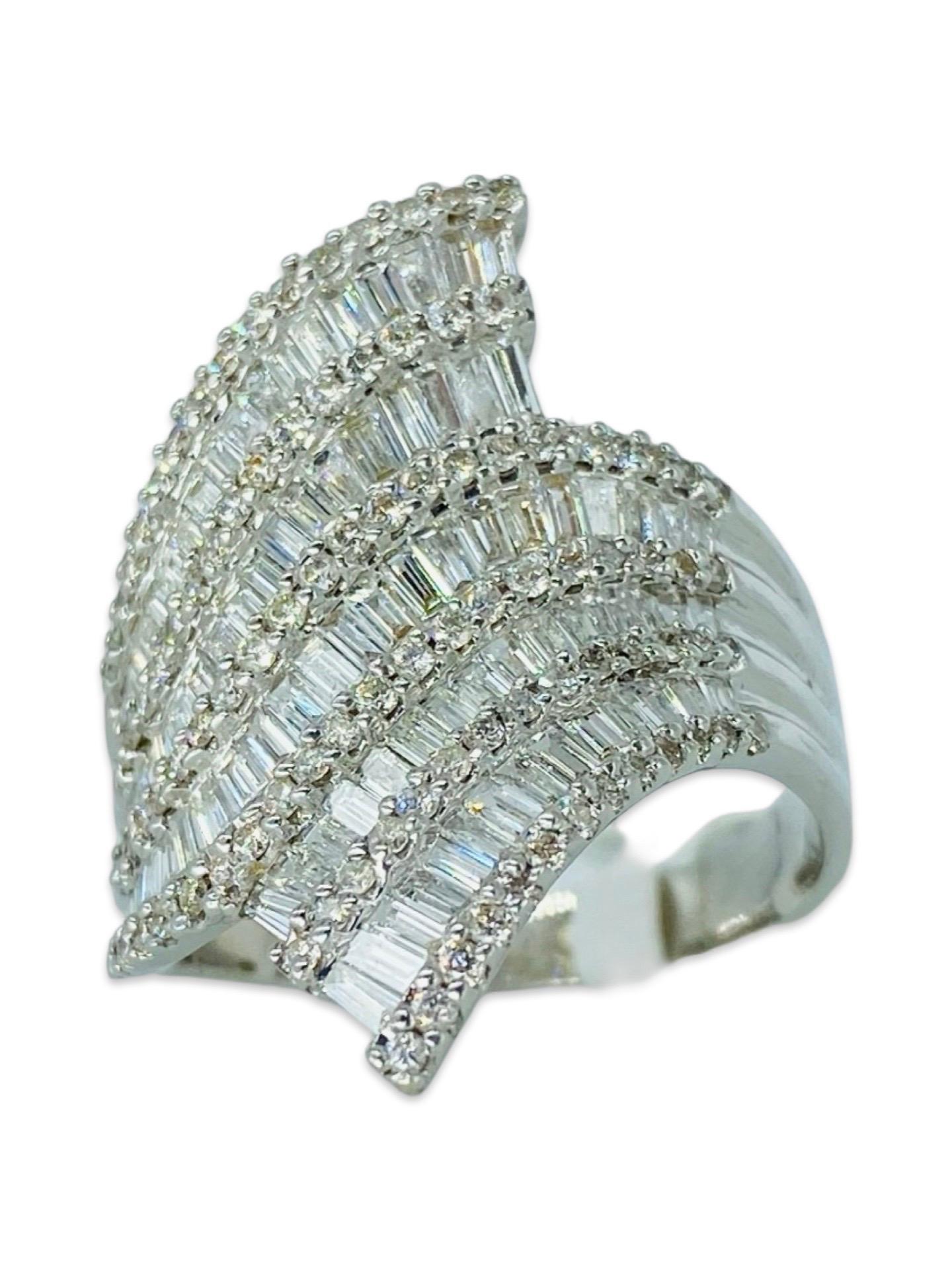 Signed 2.51 Carat Baguette Cut Diamonds 5-Row Ring 18k White Gold For Sale 1