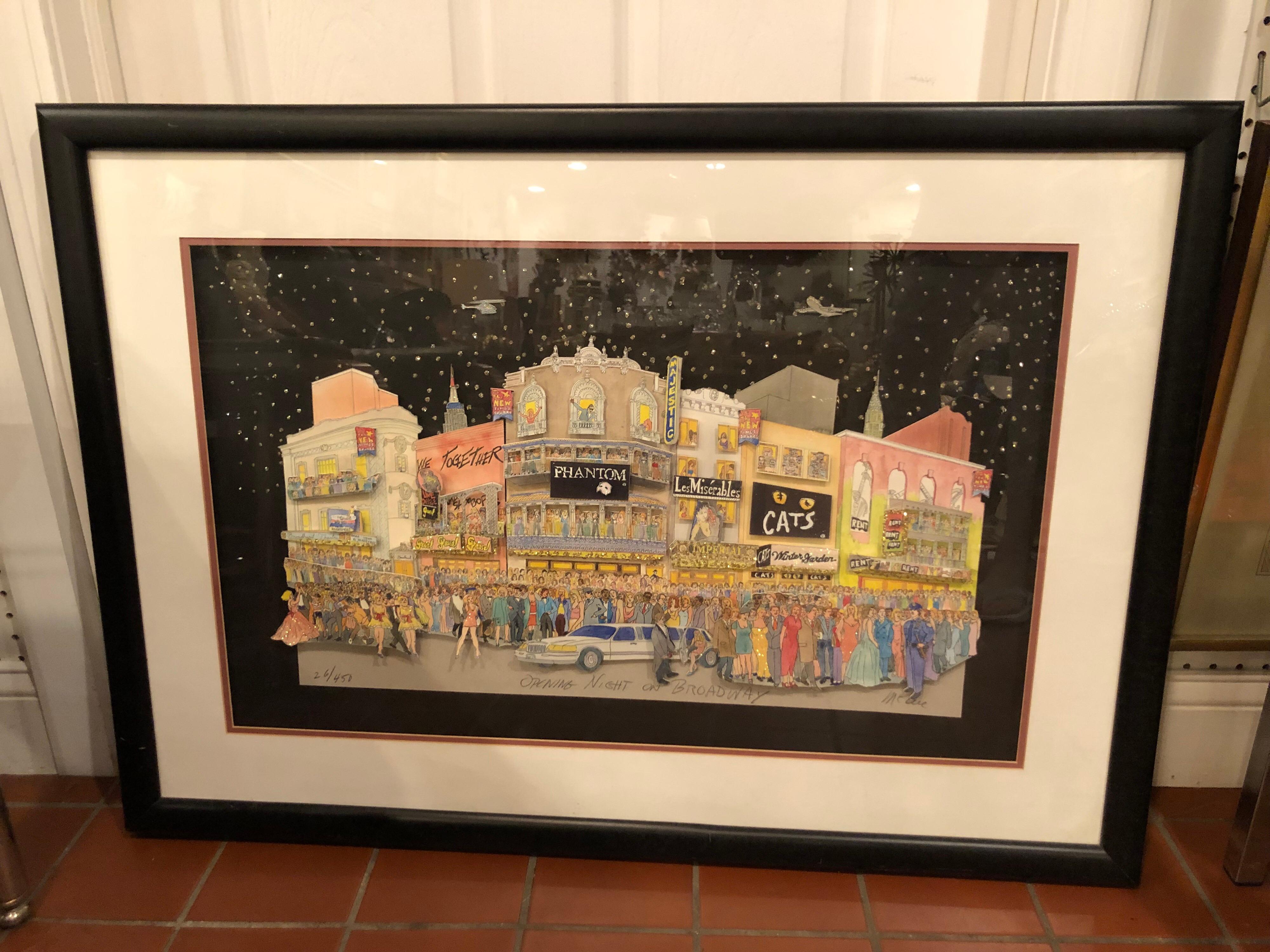 Signed 3 D Art of Broadway by McCue. Very similar to Charles Fazzino's work . 3D images featuring famous Broadway shows in the mid 1980s and the Architecture of Times Square. The Broadway shows running at that time were Cats, Phantom of the Opera,