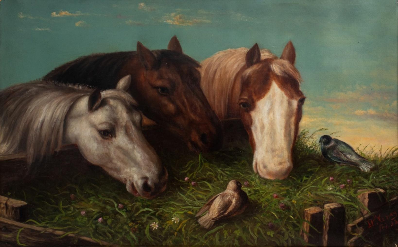 Antique oil painting on canvas, circa nineteenth century, depicting three horses and two birds amongst foliage, signed 