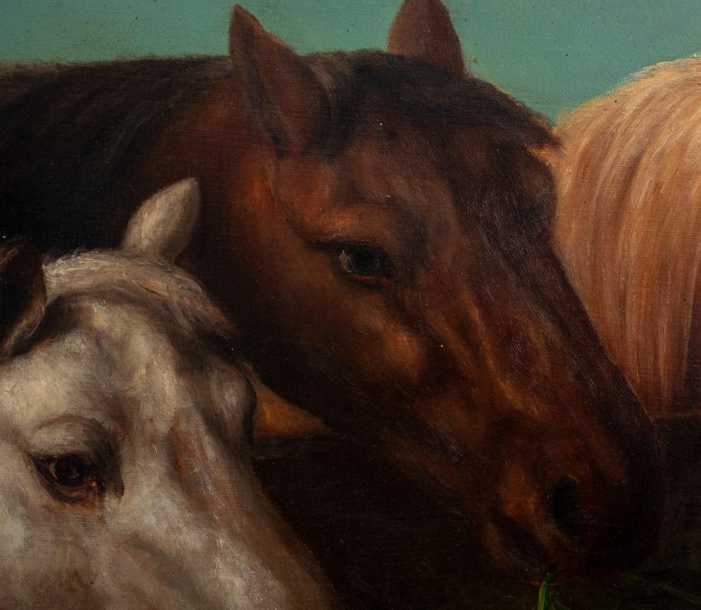American Classical Signed 3 Horses & 2 Birds Oil on Canvas, 1893