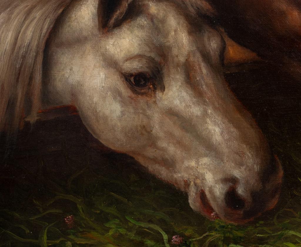 Hand-Painted Signed 3 Horses & 2 Birds Oil on Canvas, 1893