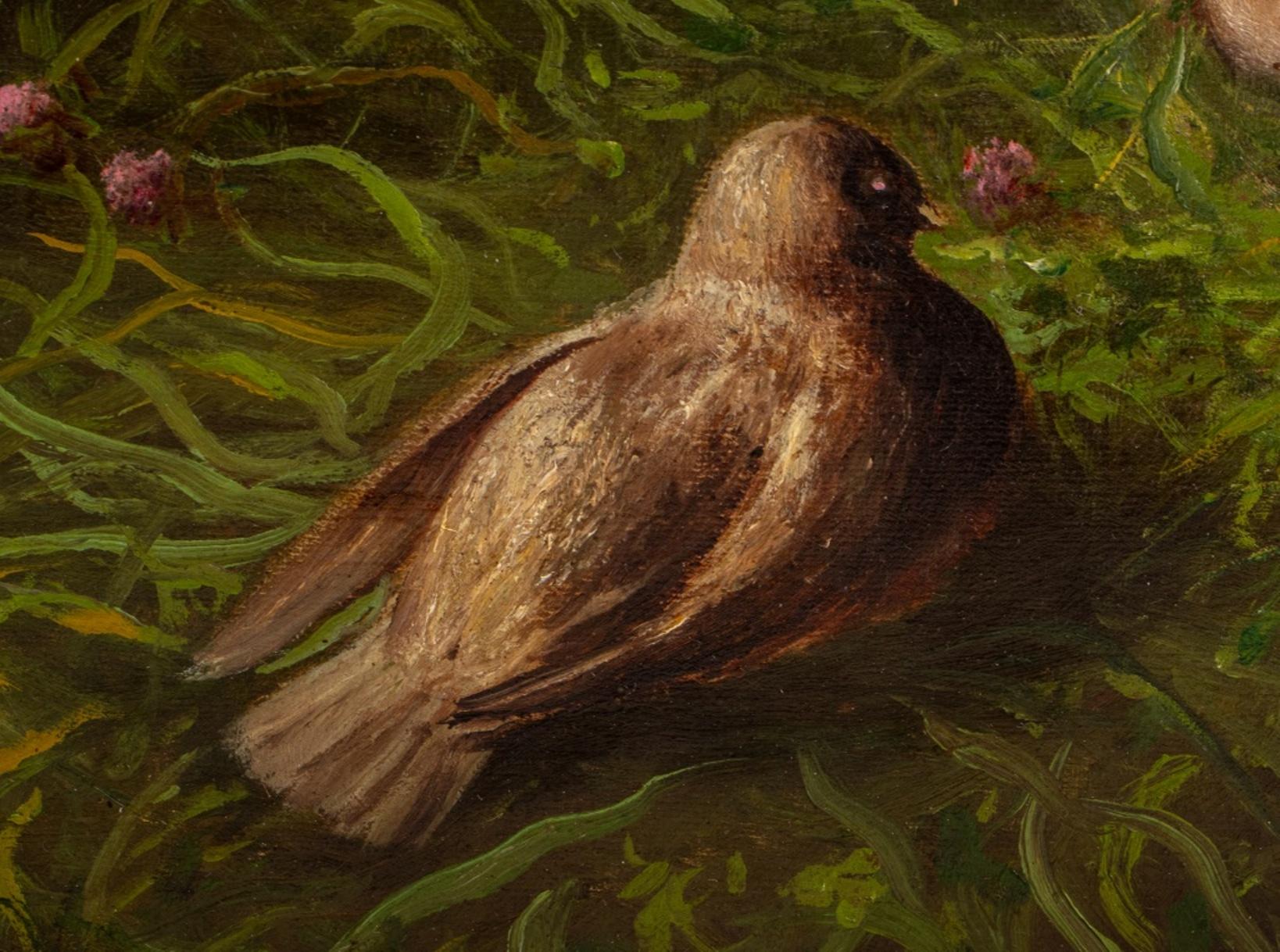 19th Century Signed 3 Horses & 2 Birds Oil on Canvas, 1893