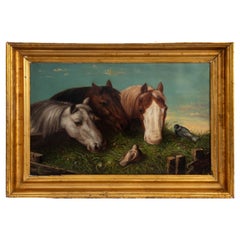 Signed 3 Horses & 2 Birds Oil on Canvas, 1893