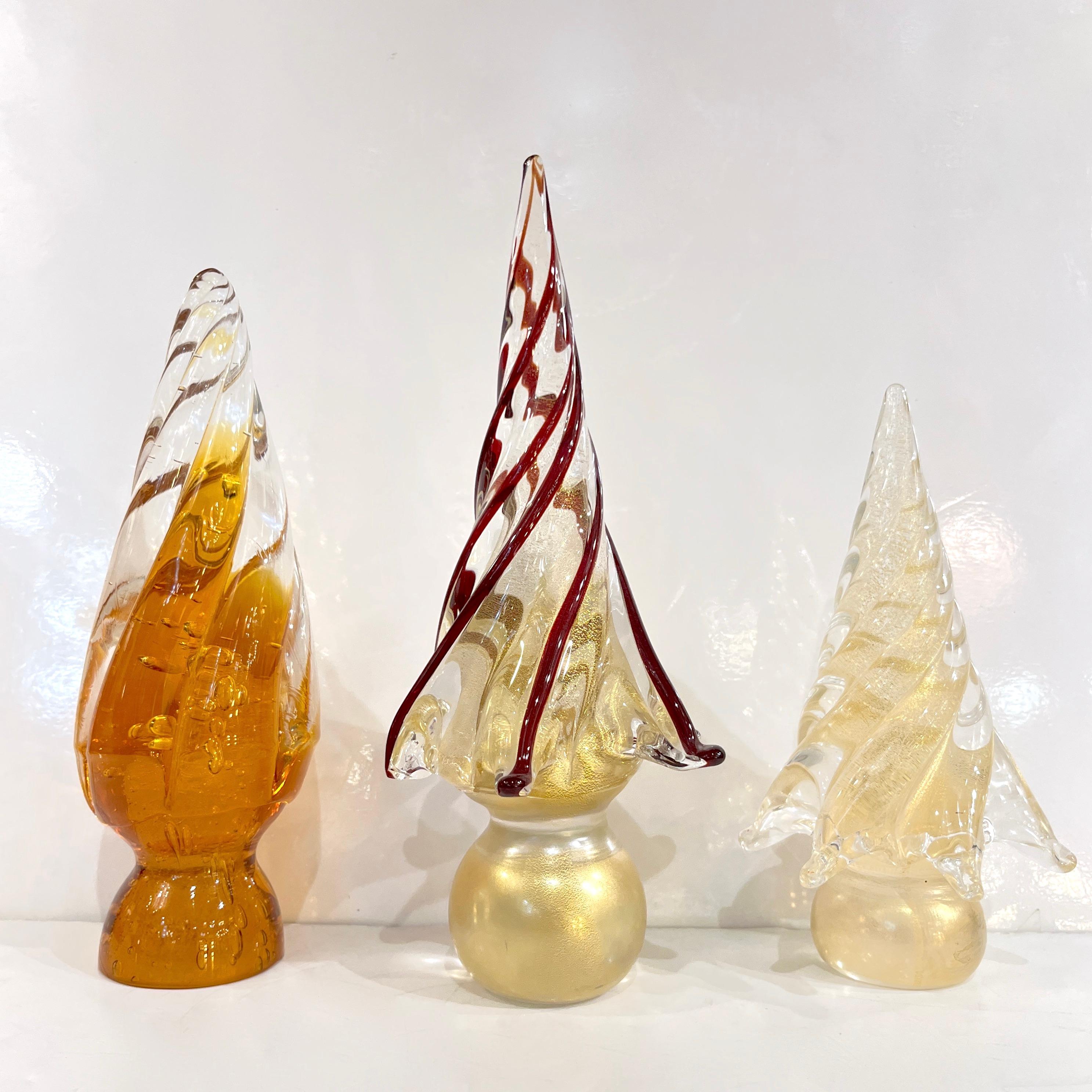 Signiert 3 Italienische Vintage Gold Bernstein Rot Murano Glas Weihnachtsbaum Skulpturen im Angebot 5