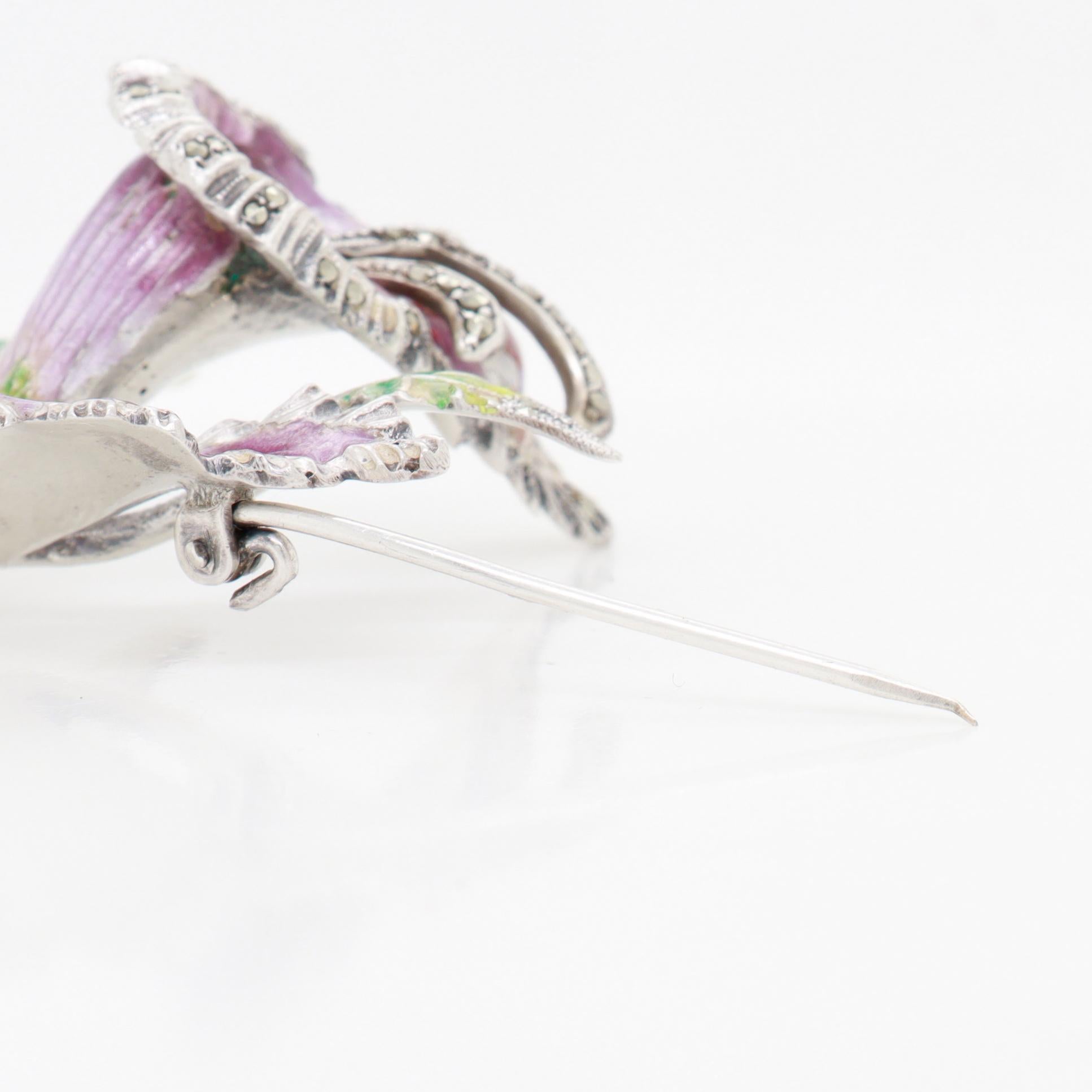 Broche en argent 800, marcassite et émail signée Cattleya Orchid Brooch en vente 8