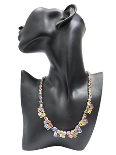Signed 80ctw Natural Multi-Color Sapphire Rainbow Spectrum Riviera Necklace 18k