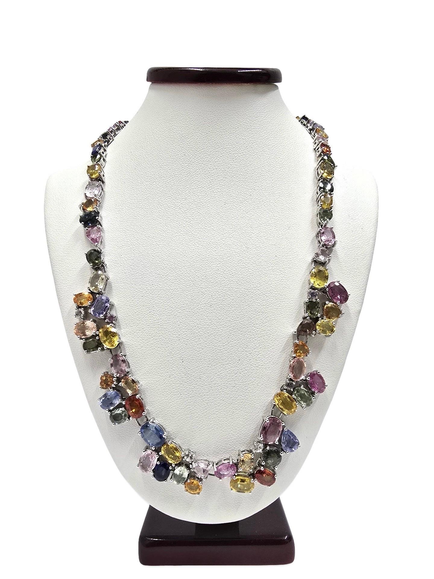 Signiert 80ctw natürlichen Multi-Color Saphir Regenbogen Spektrum Riviera Halskette 18k (Gemischter Schliff) im Angebot