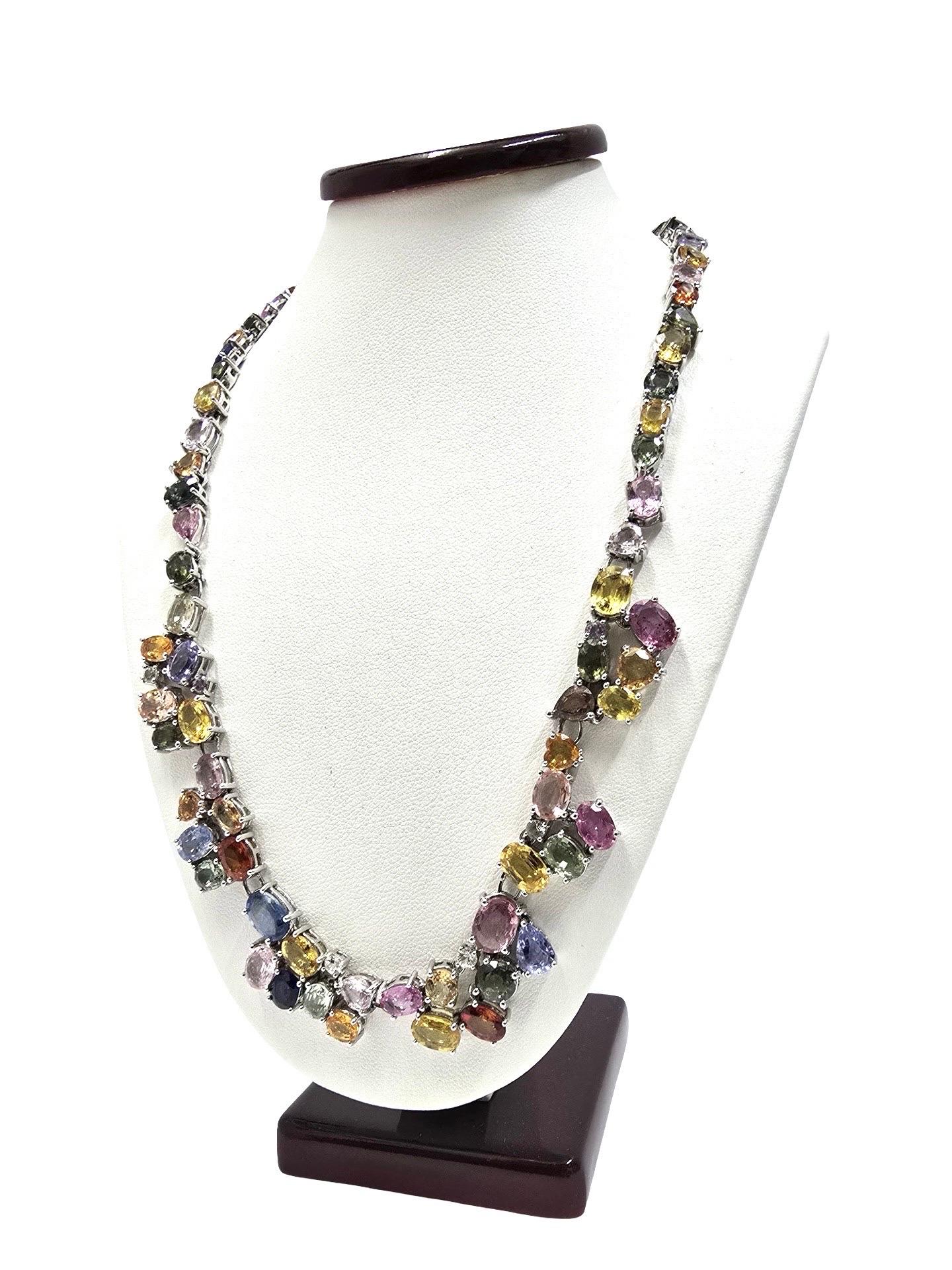 Signiert 80ctw natürlichen Multi-Color Saphir Regenbogen Spektrum Riviera Halskette 18k im Zustand „Hervorragend“ im Angebot in Miami, FL