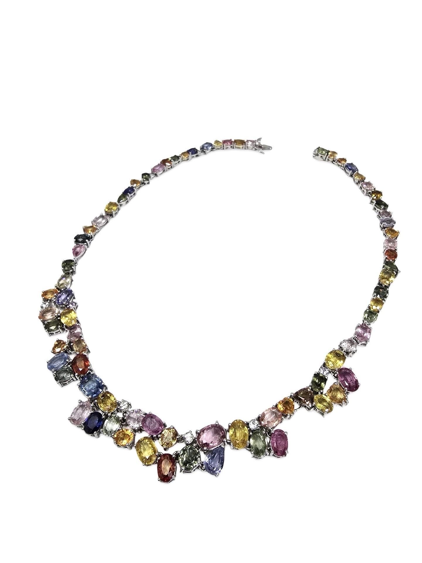 Signiert 80ctw natürlichen Multi-Color Saphir Regenbogen Spektrum Riviera Halskette 18k im Angebot 1