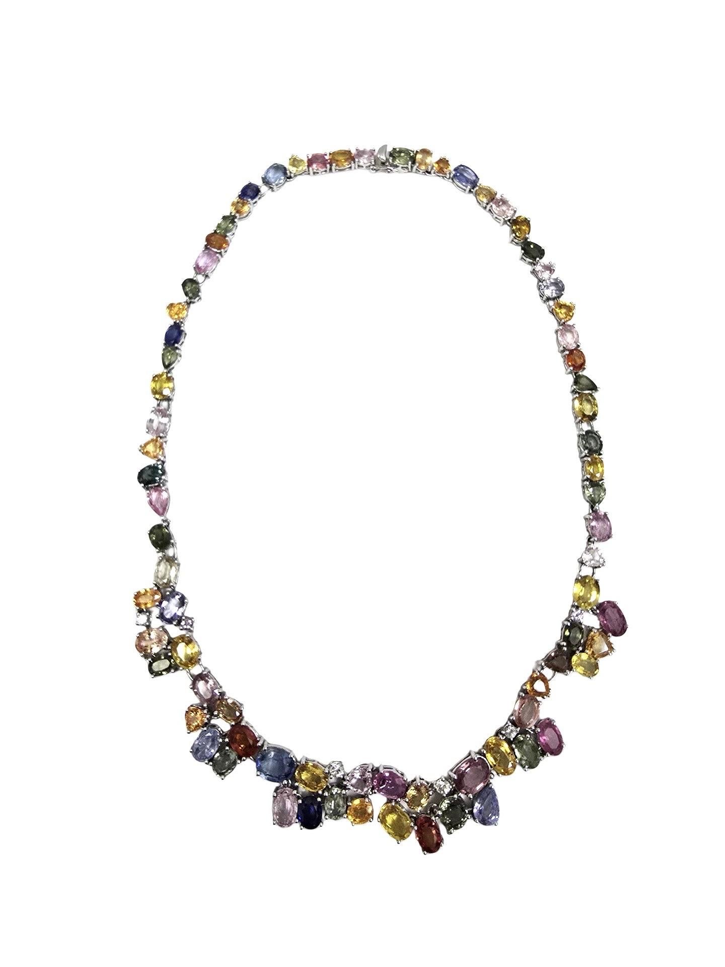 Signiert 80ctw natürlichen Multi-Color Saphir Regenbogen Spektrum Riviera Halskette 18k im Angebot 2