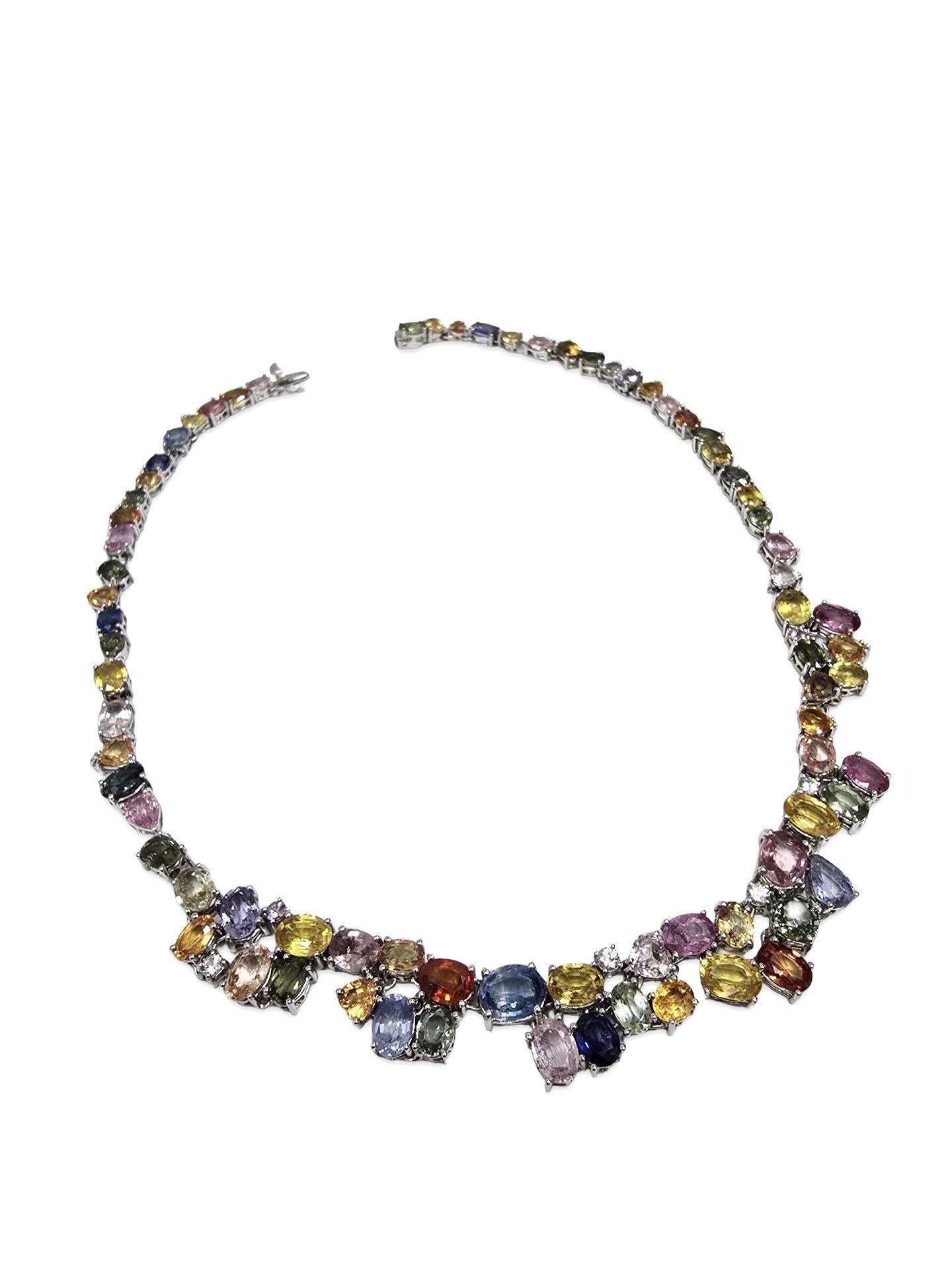 Signiert 80ctw natürlichen Multi-Color Saphir Regenbogen Spektrum Riviera Halskette 18k im Angebot 4