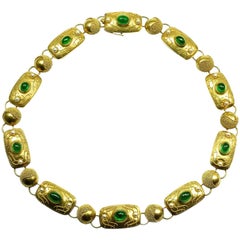 Signed 9 Carat Natural Emerald Pearl Gold Granulation Choker Necklace circa 1930