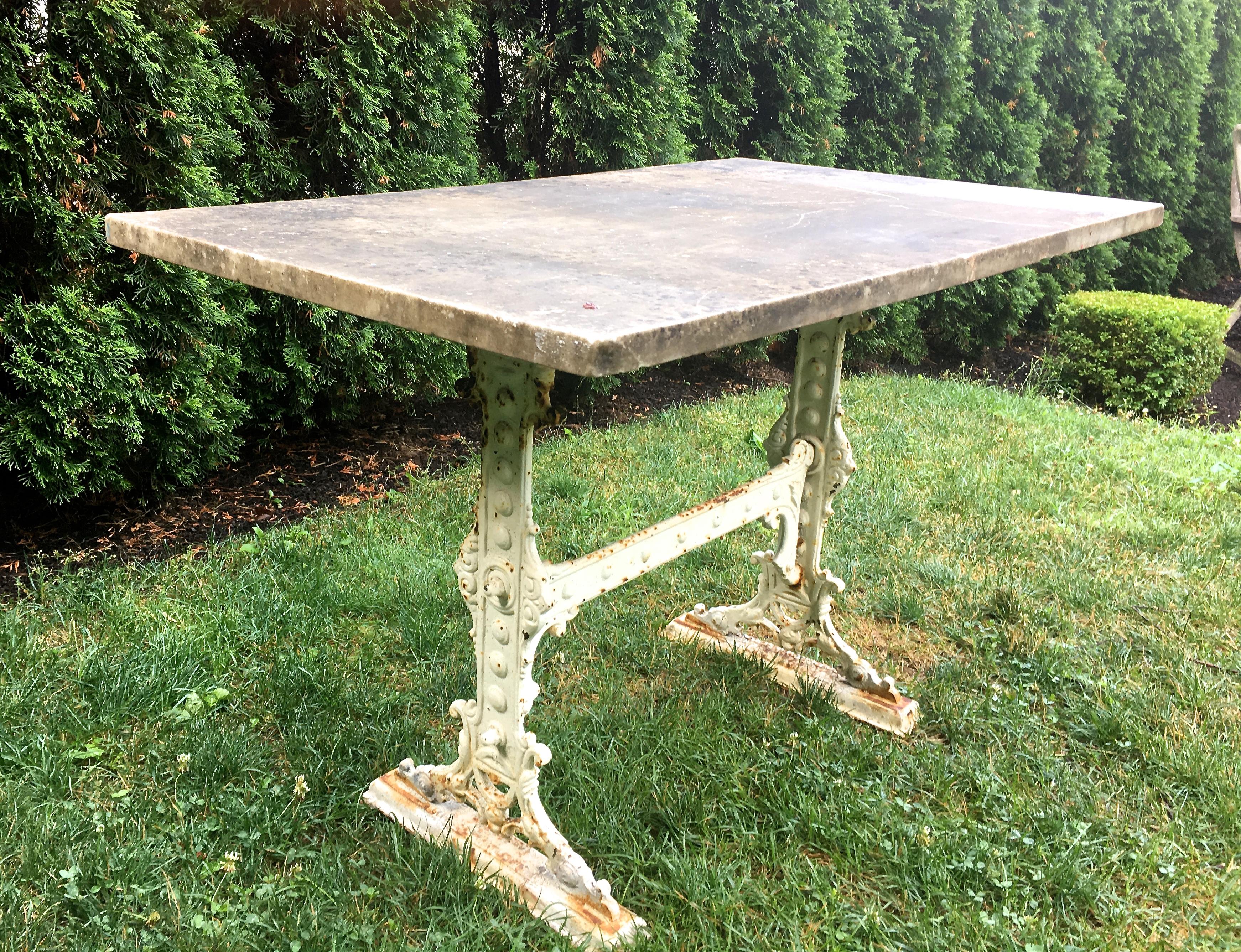 Victorian Signed !9th C English Cast Iron Conservatory Table with Large Grey Marble Top