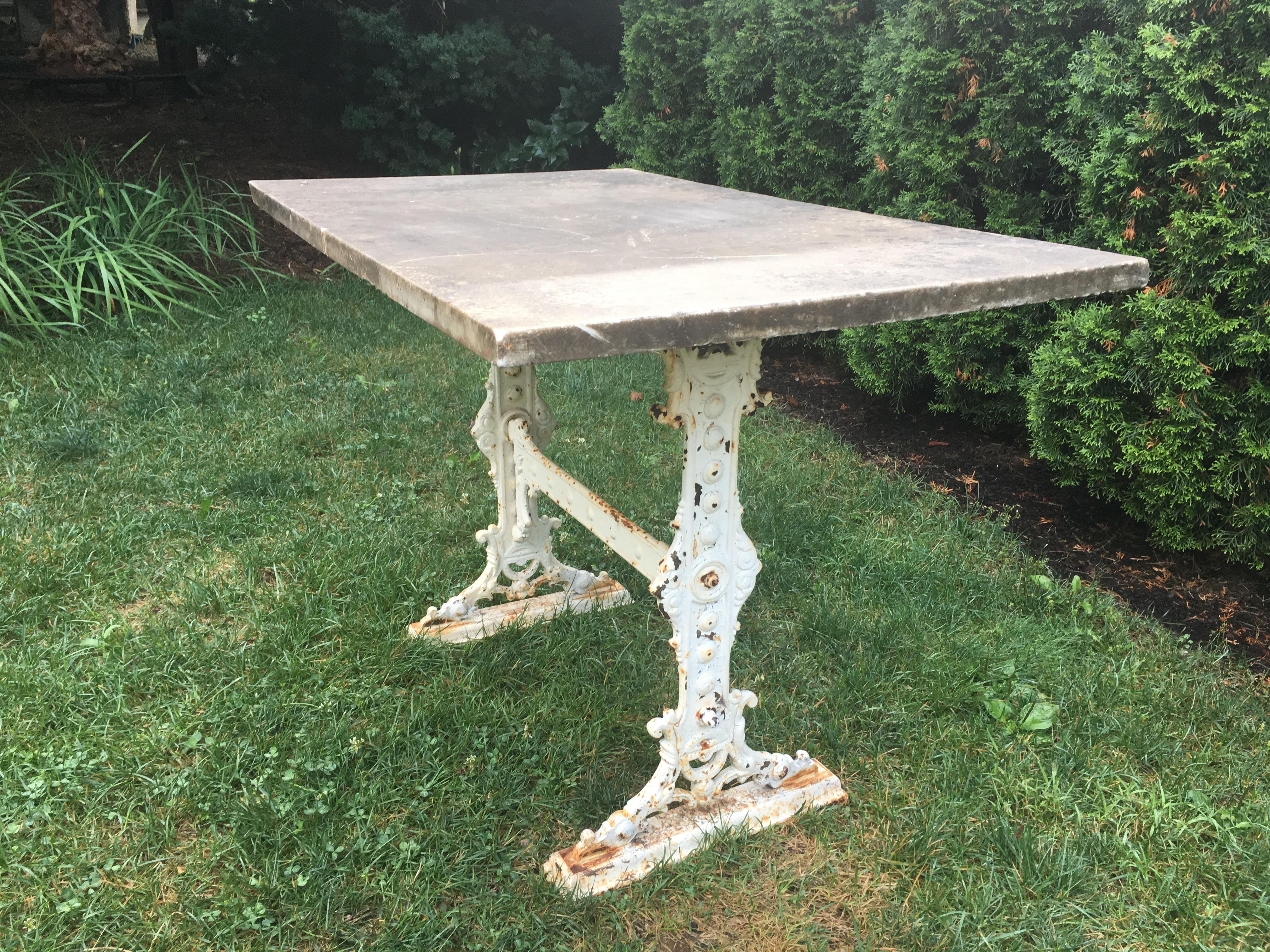 Signed !9th C English Cast Iron Conservatory Table with Large Grey Marble Top In Good Condition In Woodbury, CT