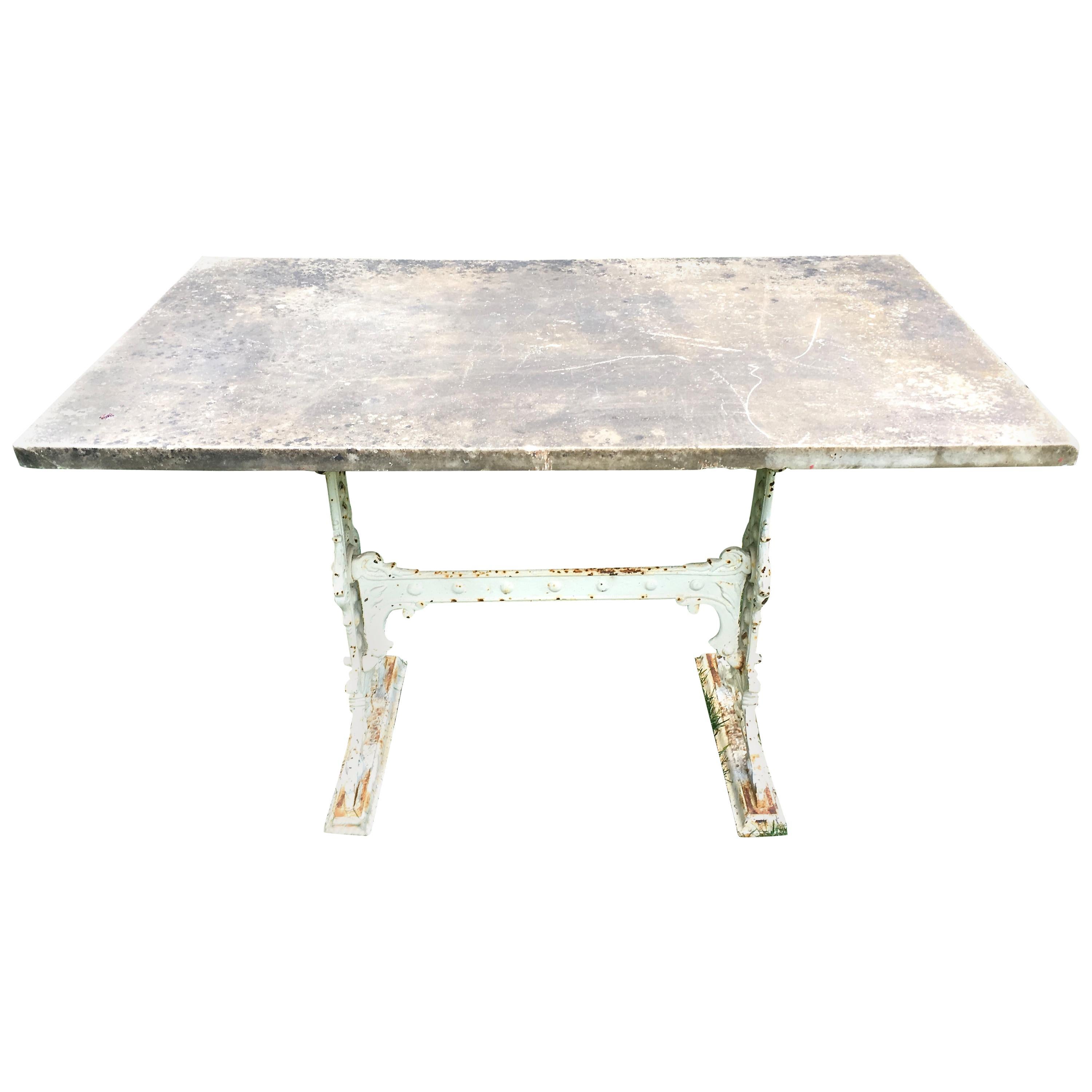 Signed !9th C English Cast Iron Conservatory Table with Large Grey Marble Top