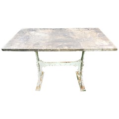 Signed !9th C English Cast Iron Conservatory Table with Large Grey Marble Top