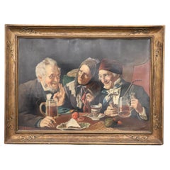 Signed A. Delort French Impressionist Oil Painting of Two Men and a Lady at Bar