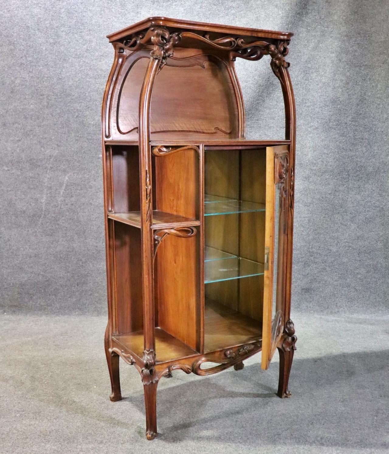 Signed A. Hugnet French Art Nouveau Walnut Vitrine China Cabinet 1