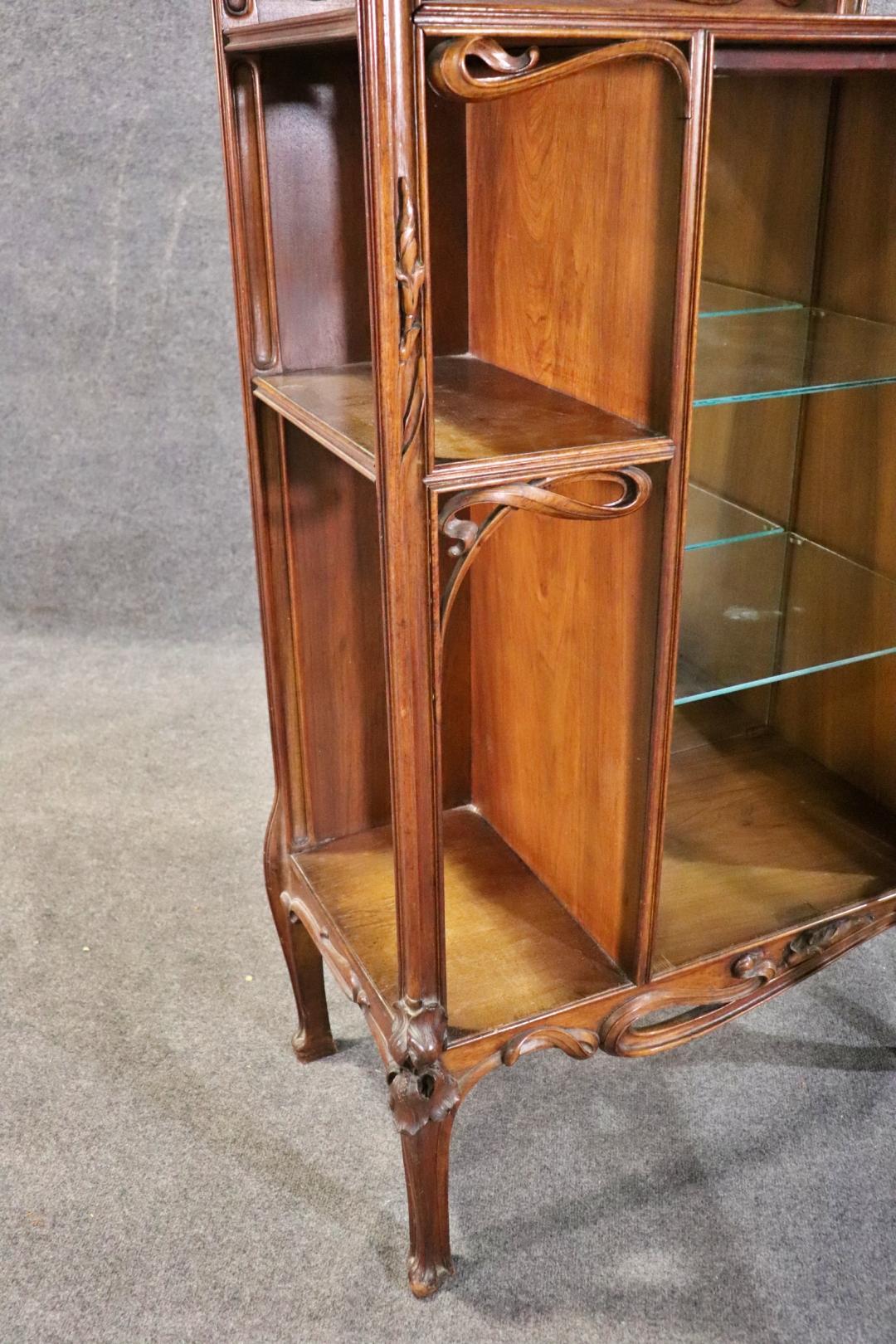 Signed A. Hugnet French Art Nouveau Walnut Vitrine China Cabinet 4