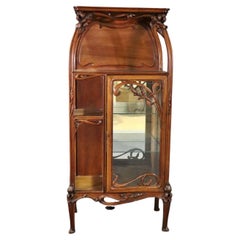 Signed A. Hugnet French Art Nouveau Walnut Vitrine China Cabinet 