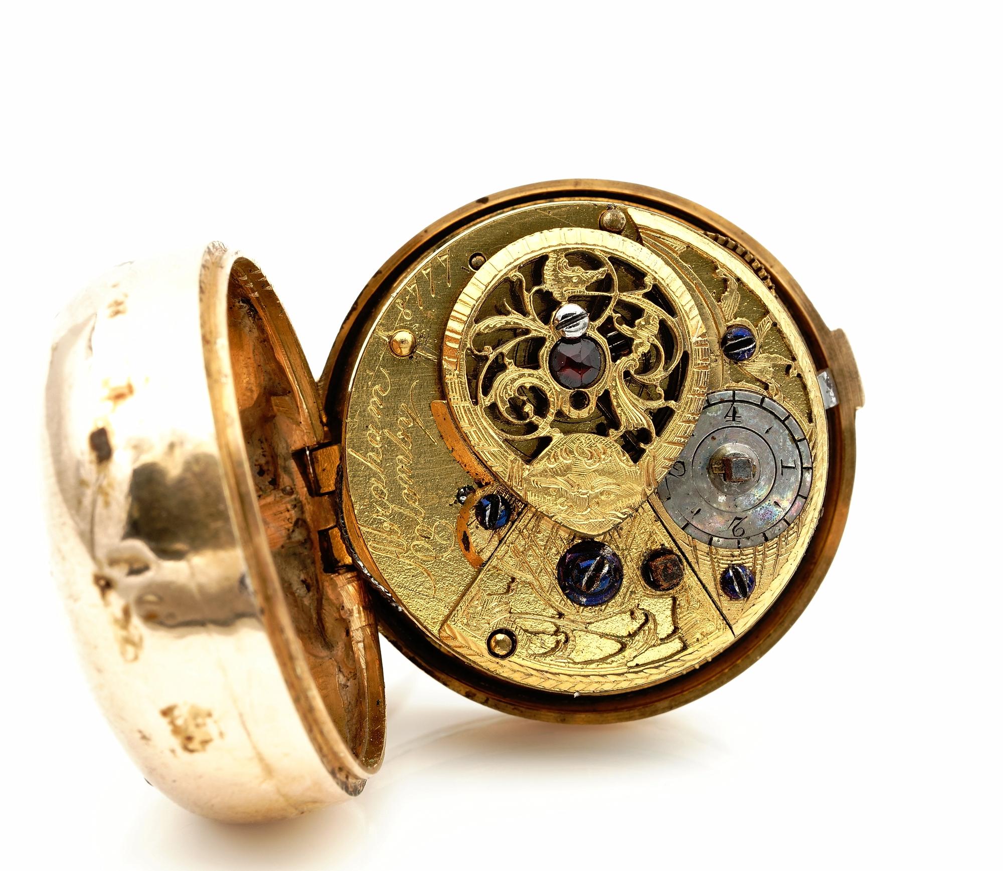 Women's or Men's Signed Abraham Colomby Georgian Verge Watch Rose Cut Diamond 20 Karat Gold For Sale