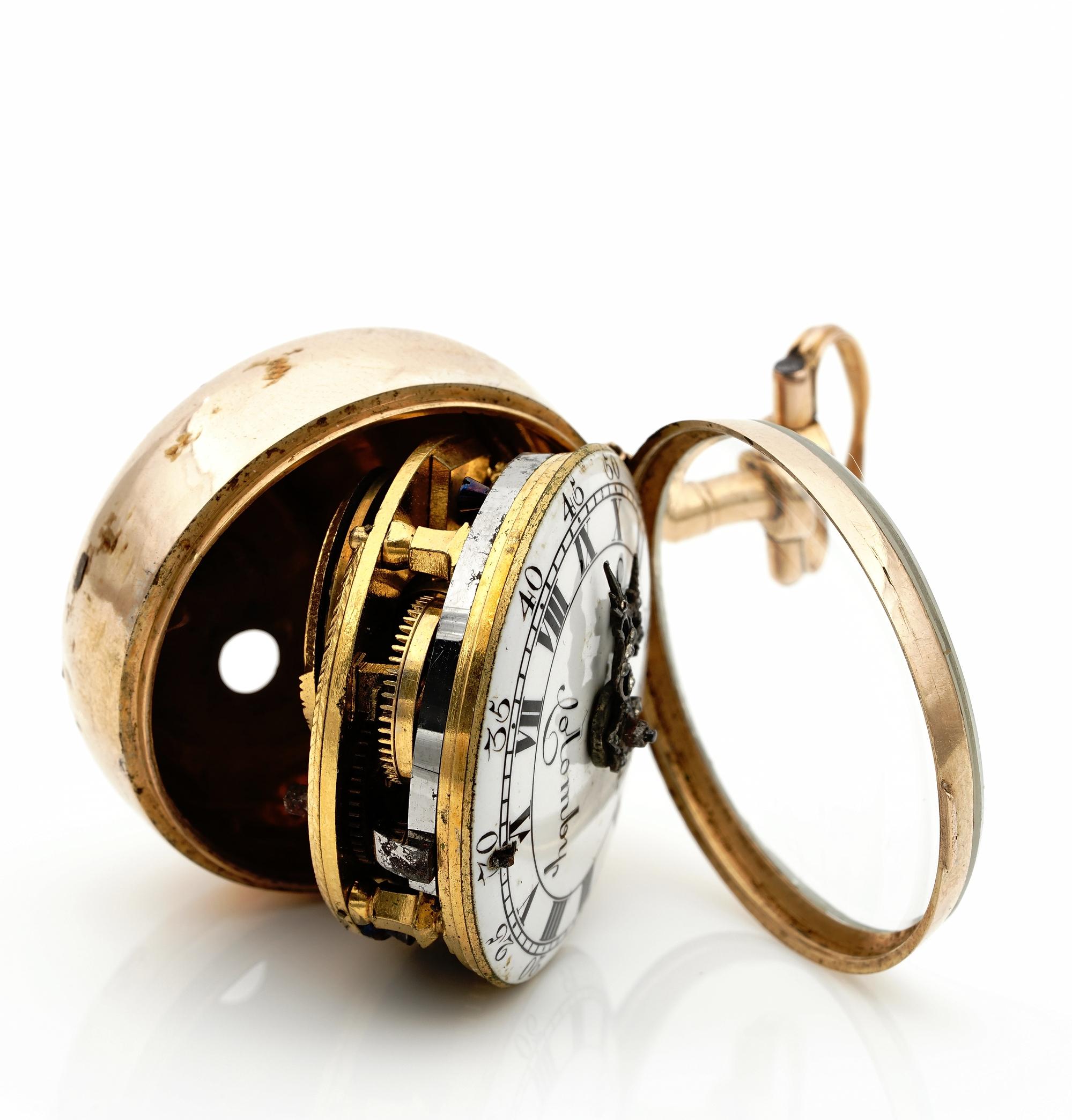 Signed Abraham Colomby Georgian Verge Watch Rose Cut Diamond 20 Karat Gold For Sale 1