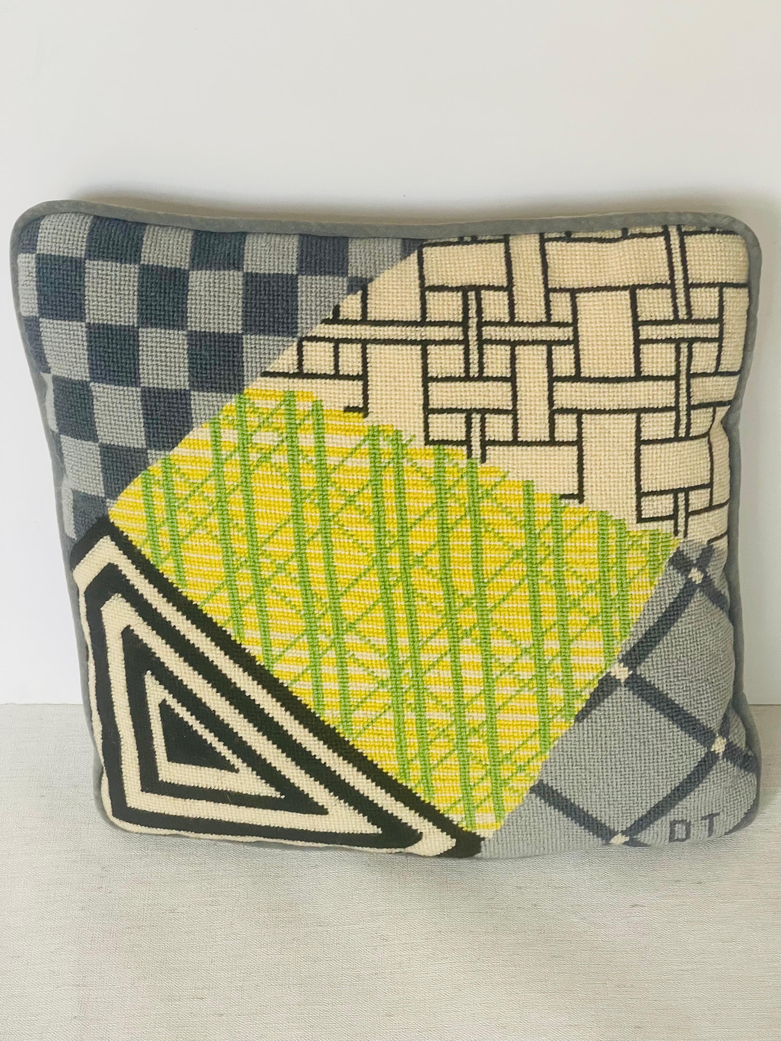 Unique hand stitched abstract art deco design pillow signed with initials DT lower right. Gray velvet back.