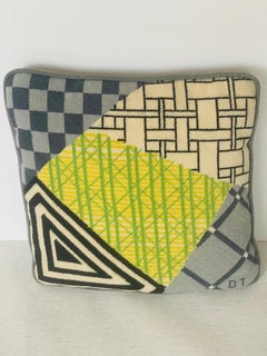 Hand Stitched Art Deco Pillow, Gray Velvet Back, Signed DT, 1970