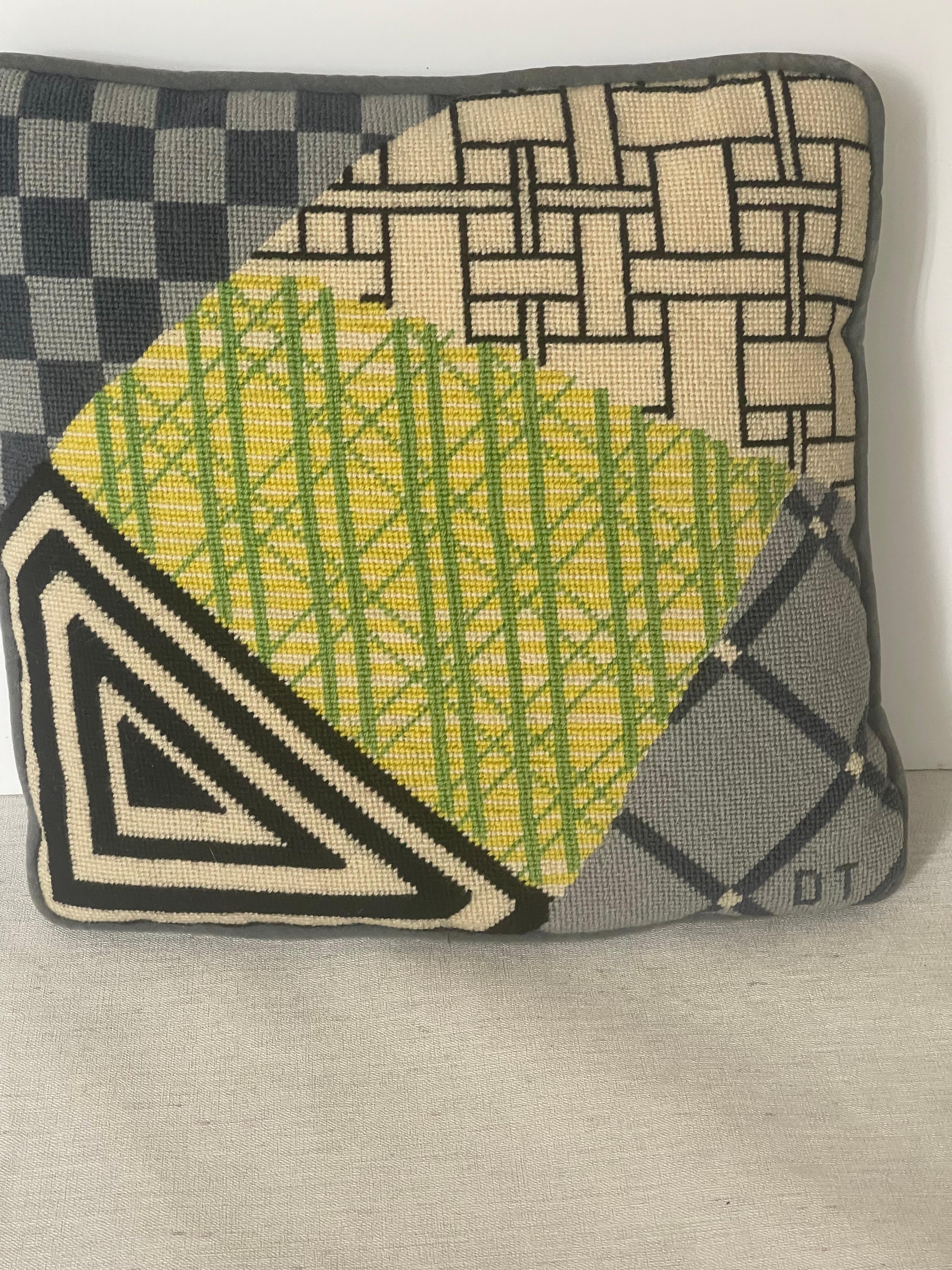American Signed Abstract Art Deco Handstitched  Pillow For Sale