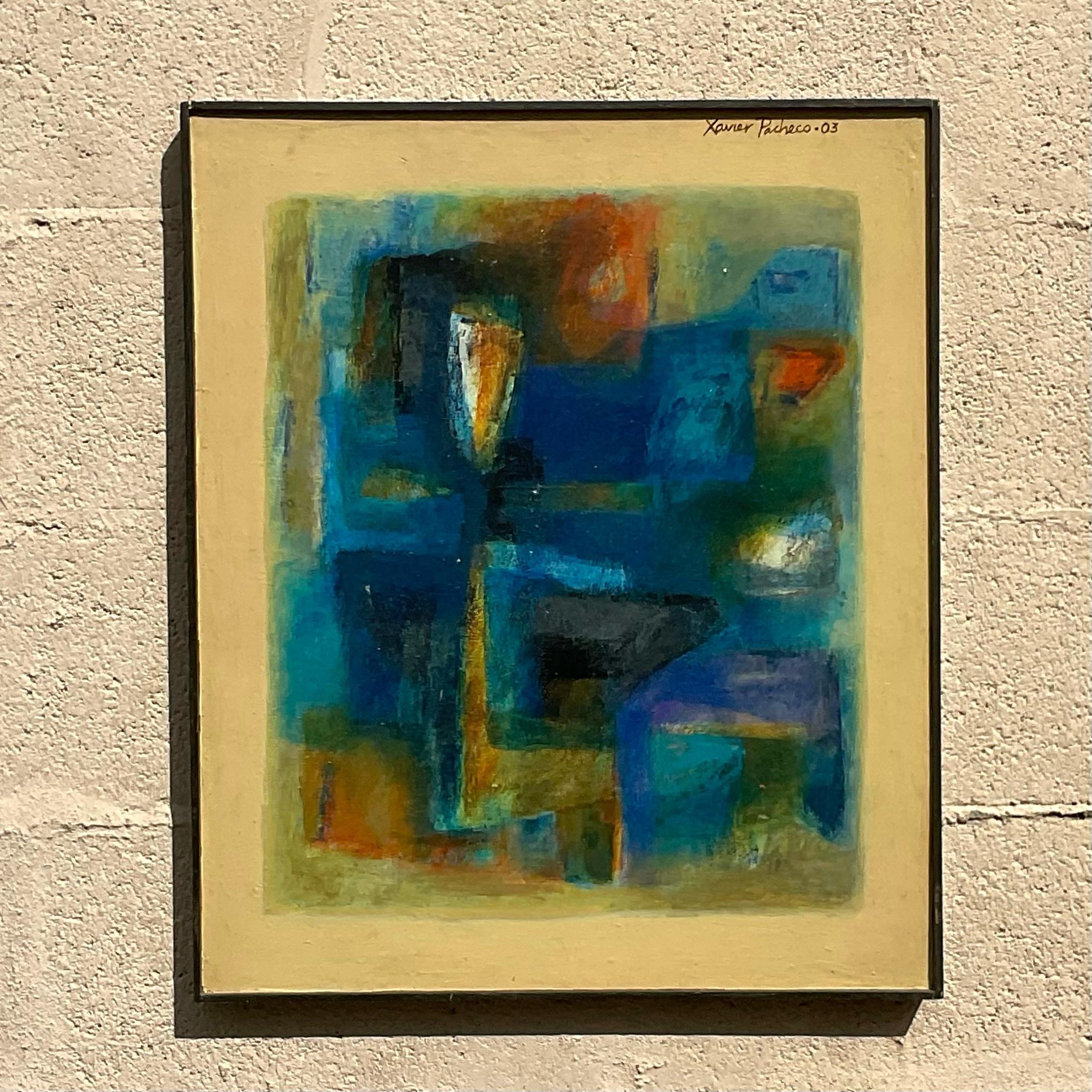 Vintage abstract geometric painting. Beautiful combination of contrasting cool and warm colors harmoniously blended with an air of old and new. Signed by the artist. Acquired from a Philadelphia estate.