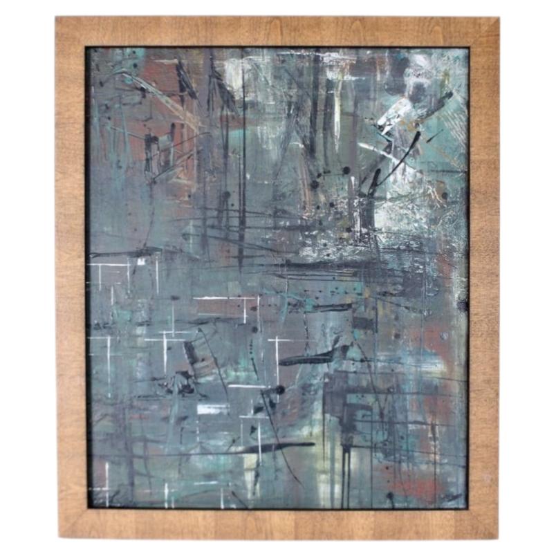 Signed Abstract Impressionist Oil Painting, Blue Tones, Mid Century