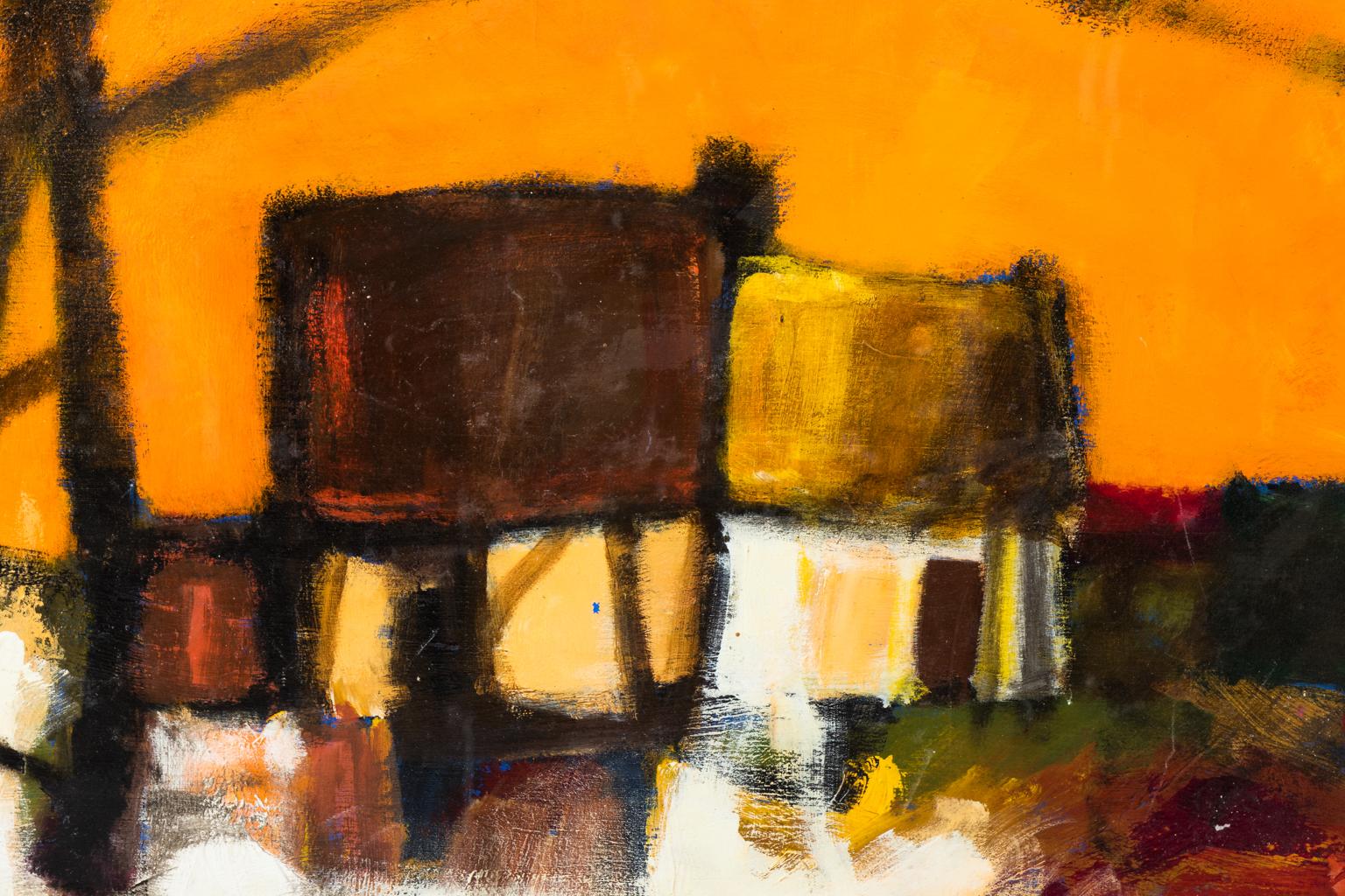 Original abstract oil on canvas depicting a house and landscape, circa 1970s.
  