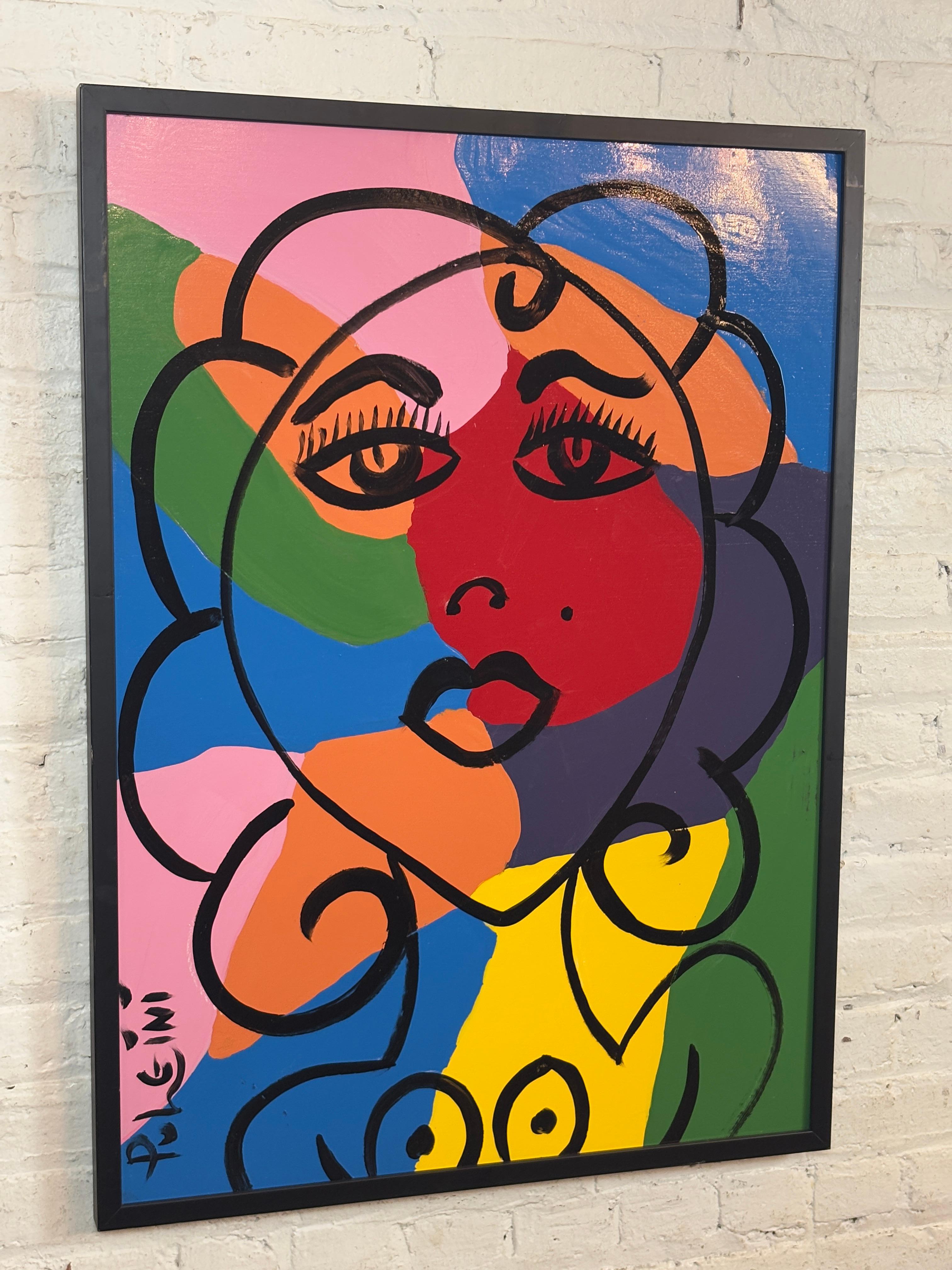 Questo vivace dipinto a olio su tavola di Thomas Pulgini raffigura un ritratto di donna stilizzato e audace, caratterizzato da blocchi di colore vivaci e contorni neri fluidi, e trae chiara ispirazione dai movimenti del Fauvismo e della Pop Art, che