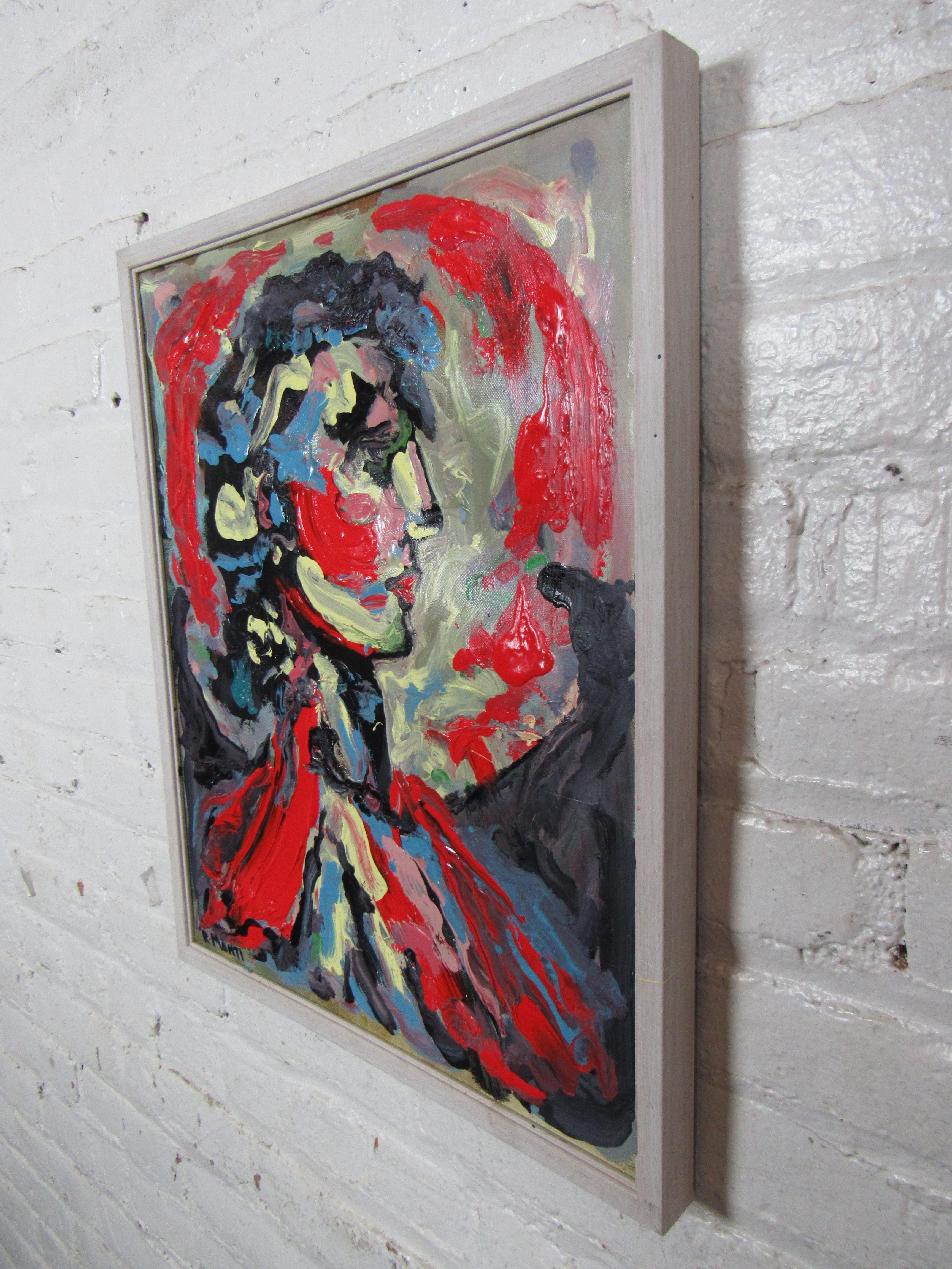 An abstracted portrait rendered in thick, rich strokes of oil paint, this signed painting by Pennsylvania-based artist R. Monti is bright and expressive. Please confirm item location with seller (NY/NJ).