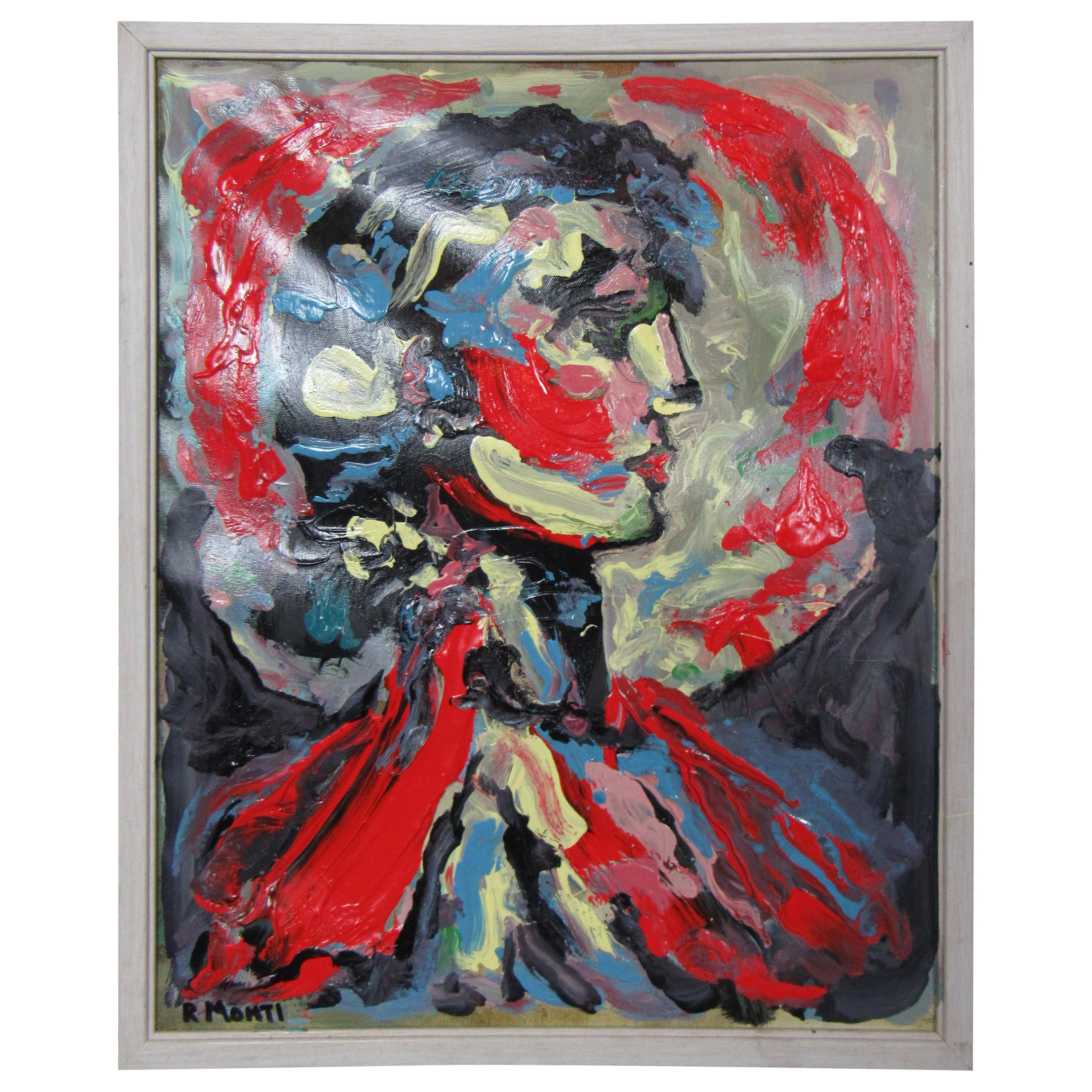 Signed Abstract Portrait Painting by R. Monti